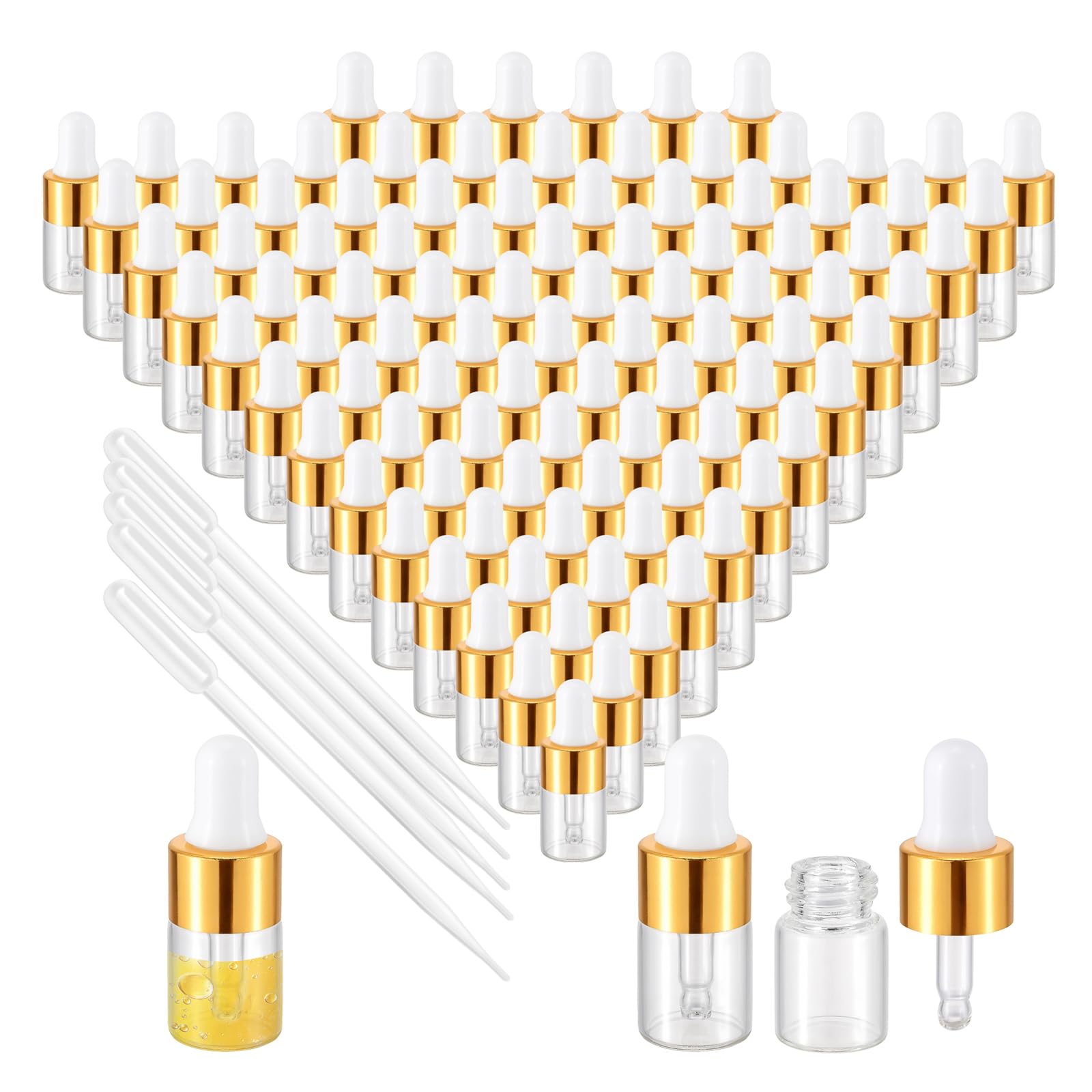 Kesell Confezione da 100 mini bottiglie contagocce in vetro trasparente da 2 ml, con contagocce, per oli essenziali, da viaggio, con 5 contagocce in plastica, contenitori con coperchio (oro)
