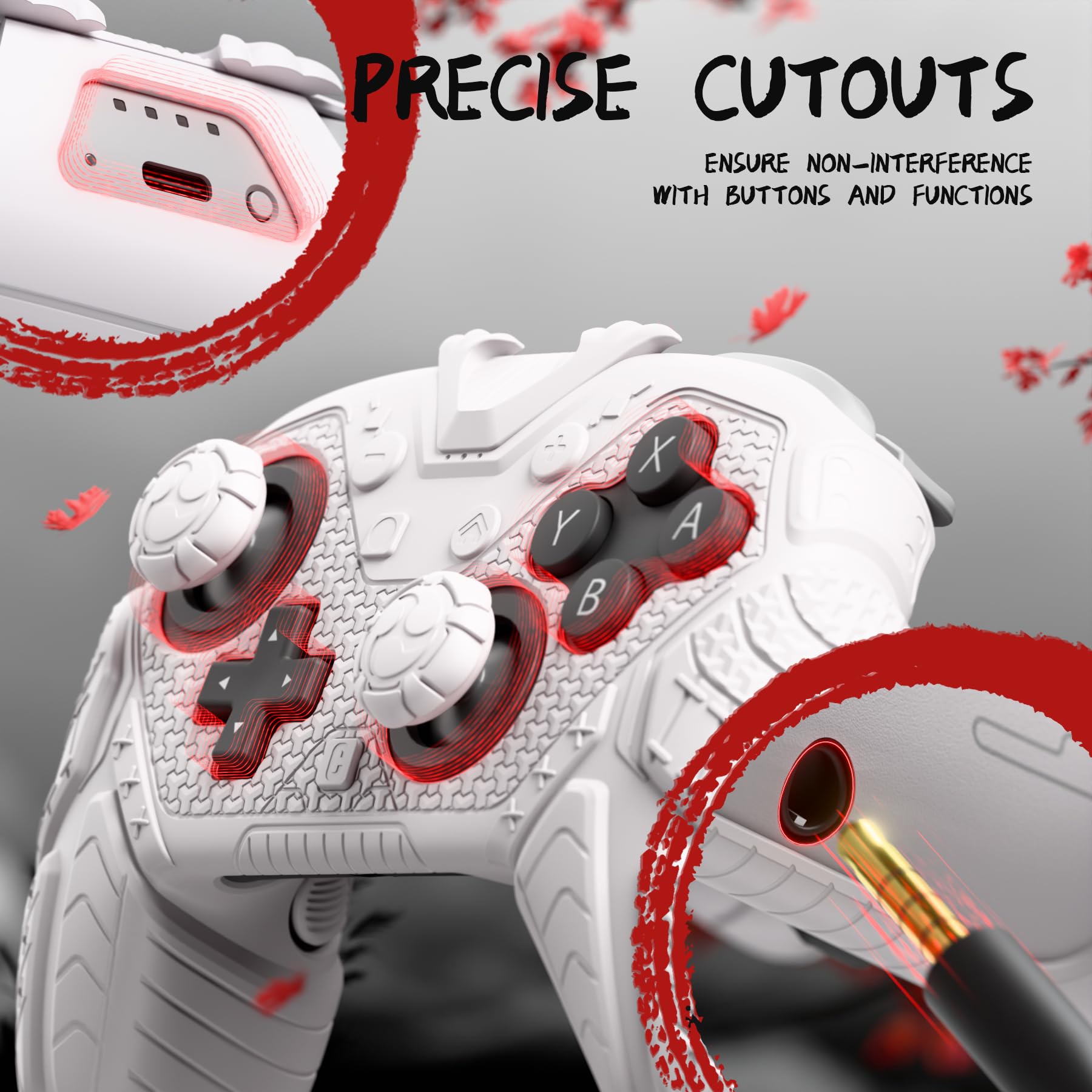 playvital for Nintendo Switch 2 Pro Controller Skin Cover – Samurai Armor Edition Silicone Case for Switch 2 Pro Controller with Back Button Caps & Thumb Grip & Sticker, Shockproof - White - 5