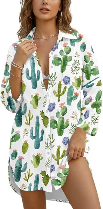 Womens Swimsuit Cover Up Shirt Button Down Long Sleeve Bathing Suit Coverups Summer Beach Coverup with Pockets