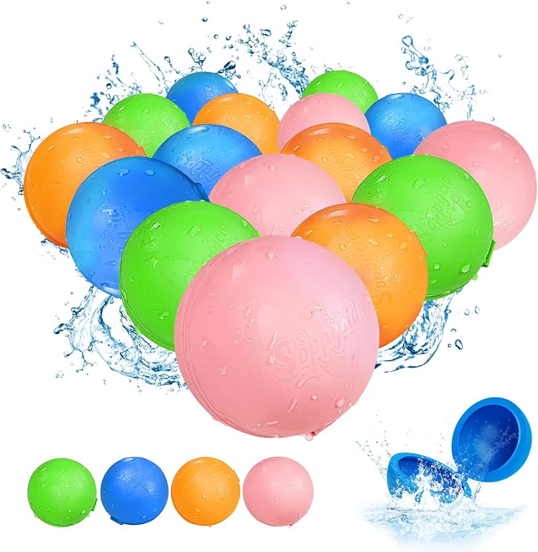 Globos de agua reutilizables: paquete de 16 bolas de agua recargables, autosellantes, de llenado rápido, juguetes acuáticos de silicona sin látex para niños y adultos, juegos acuáticos al aire libre, fiesta en la pileta en la playa