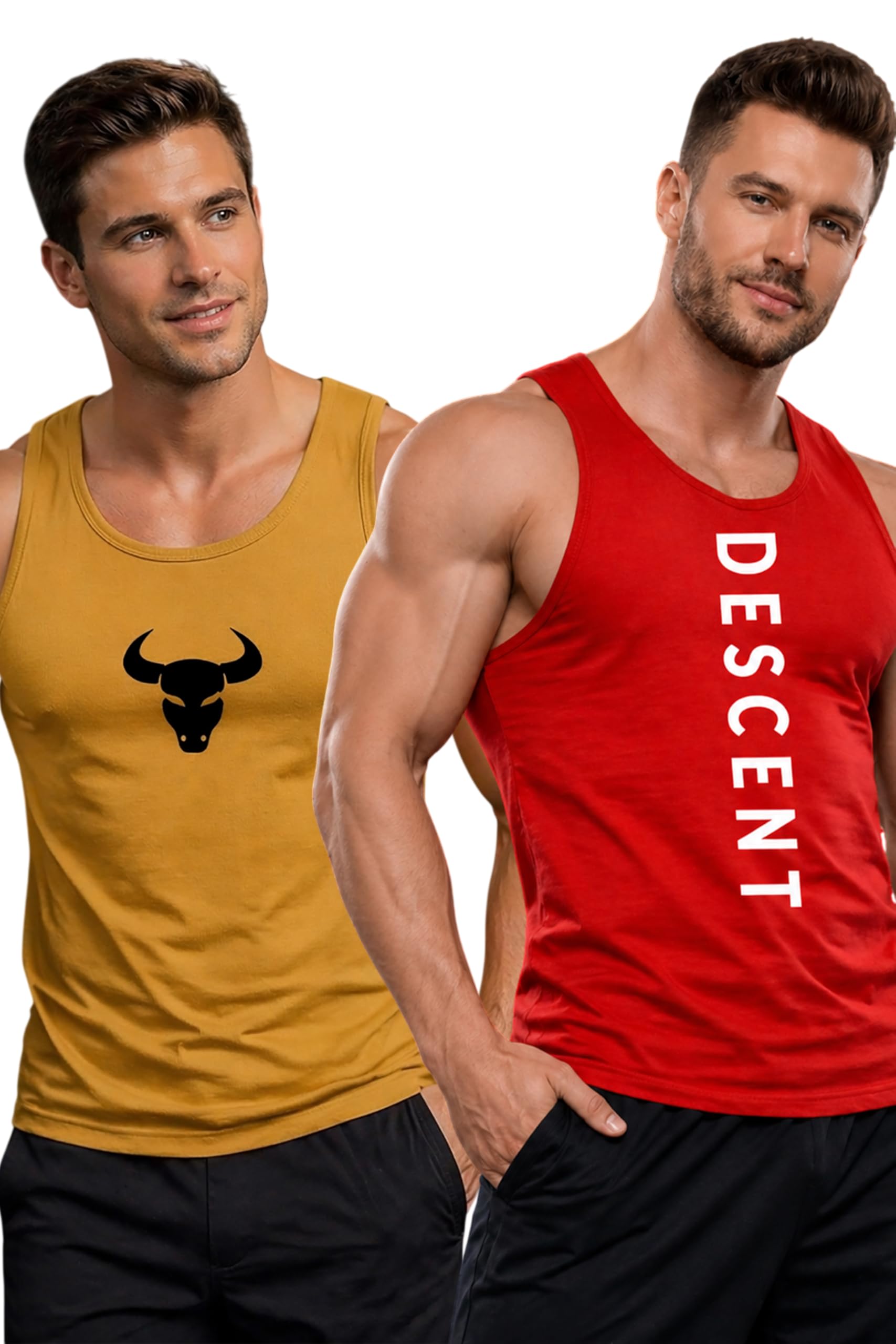 Polyester Letter Printed Vest for Men - Pack of 2 - Red & Mustard | Round Neck | Sleeveless | Regular Fit | Summer & Gym Wear Tank Top for Men-image-45