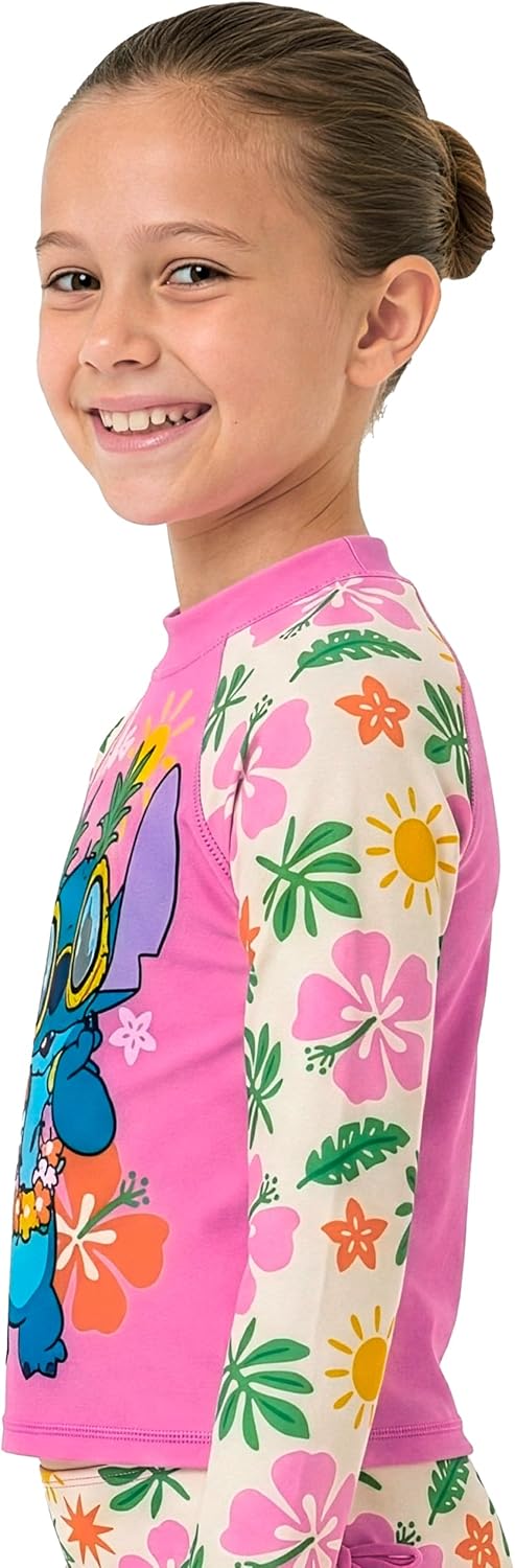 Disney Lilo and Stitch Swimsuit, Stitch Girls Bathing Suit, Girls Swimsuit with Bows, Long Sleeve Kids Bathing Suit