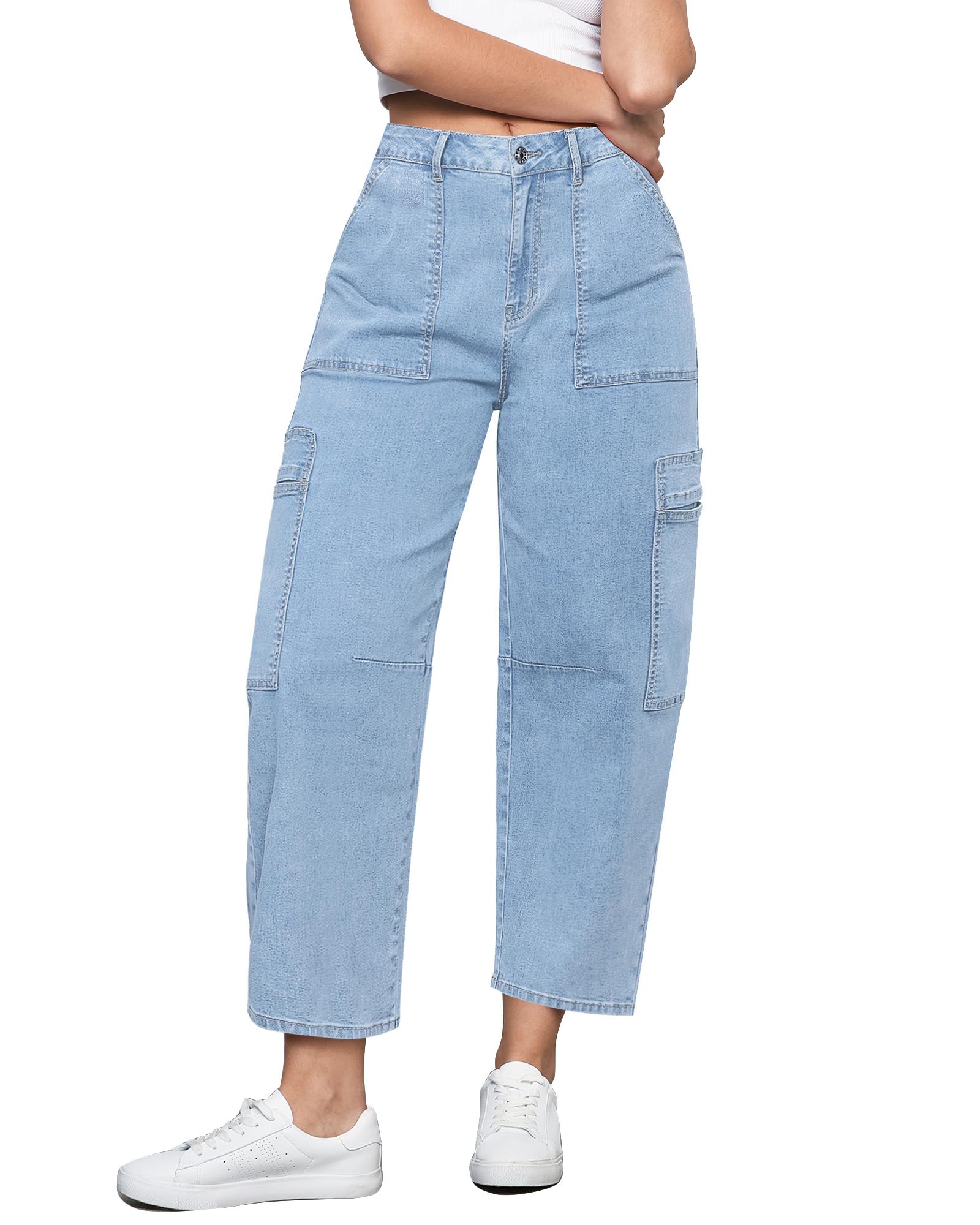 GRAPENT Barrel Jeans for Women Trendy High Waisted Cropped Cargo Pocket Baggy Stretch Denim Pants Wide Leg Tapered Jeans