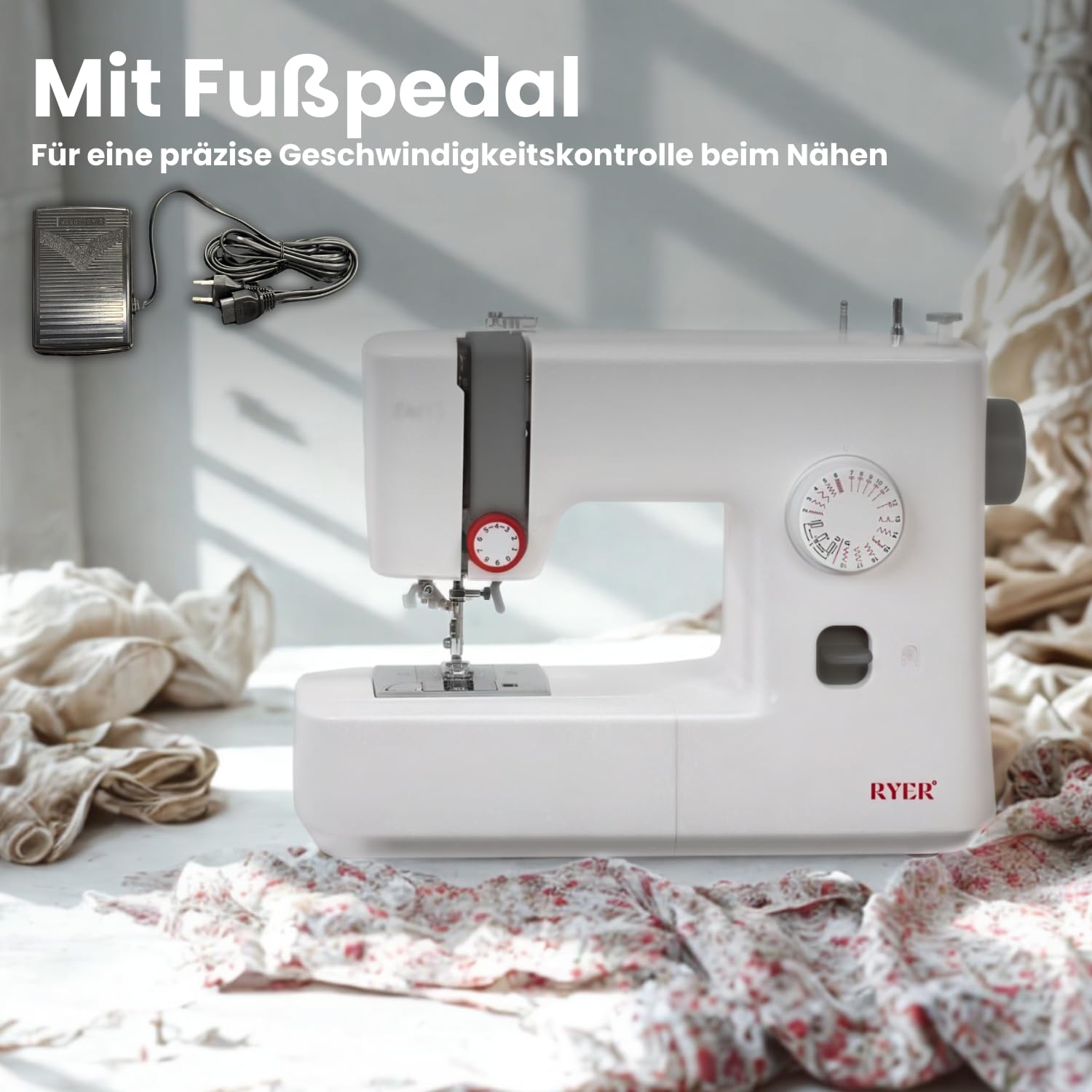 RYER Nähmaschine – 18 Stichprogramme, 7-Zahn-Transporteur, Horizontaler Rotierender Greifer, LED-Licht, Fadenschneider, Fußpedal & Zubehör – Kompakte und Robuste Nähmaschine für Anfänger und Fortgesch