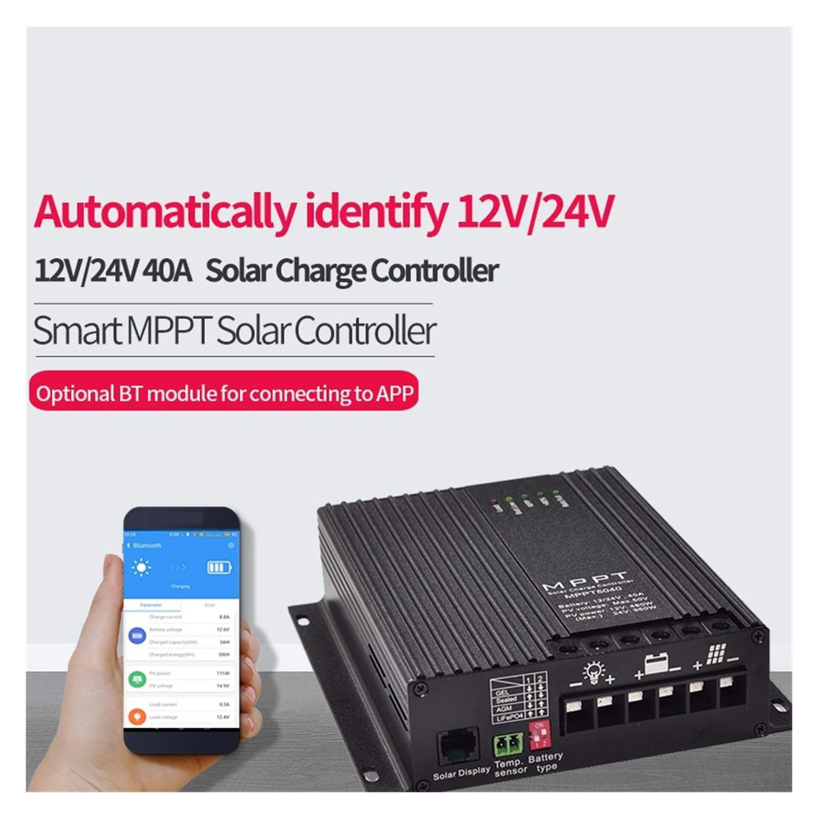 Contrôleur de charge solairev Contrôleur De Chargeur Solaire MPPT 40A 12V 24V, Support Bluetooth APP LCD, Régulateur Automatique De Panneaux Solaires For Batterie Au Lithium, Camping-car Simple et pra