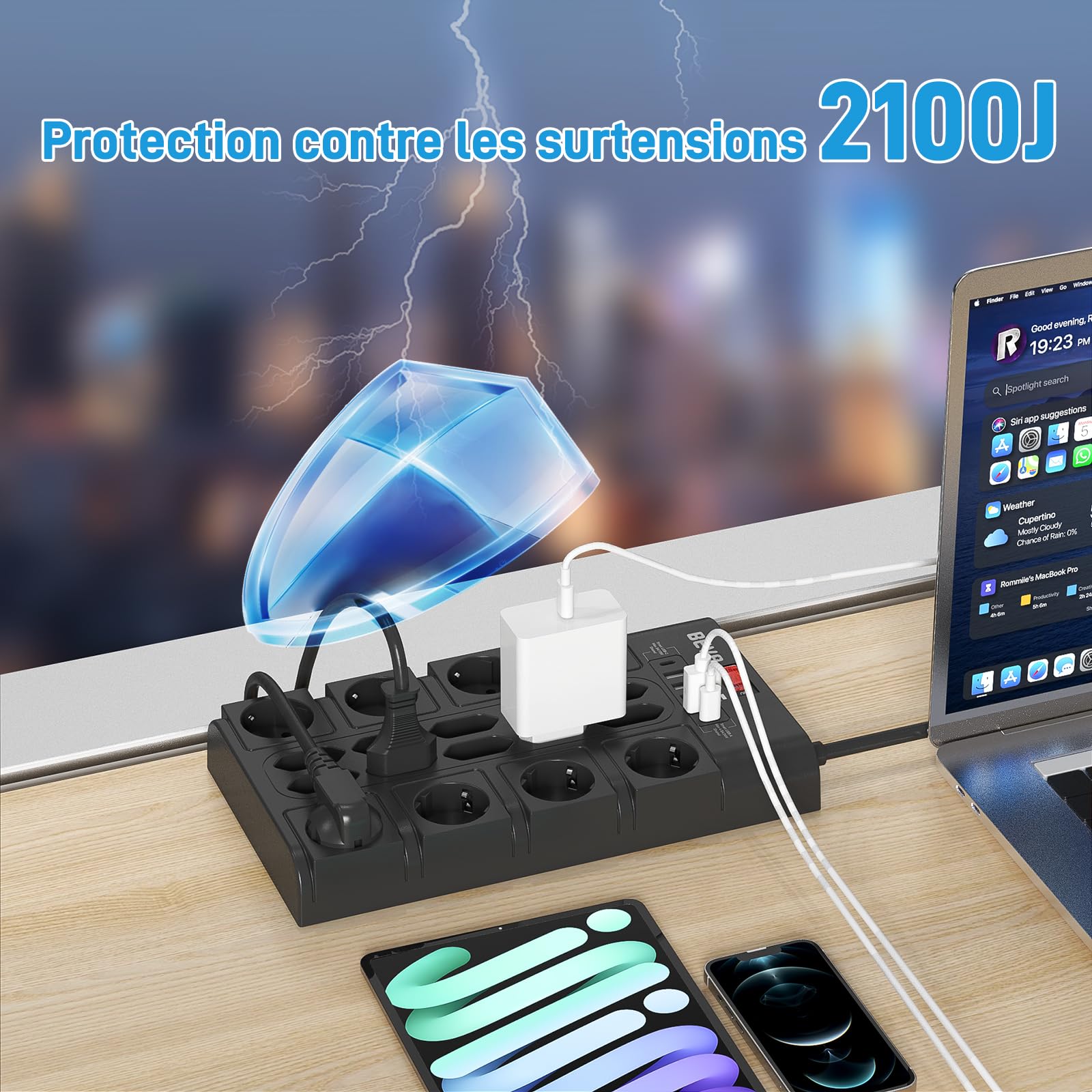 BEVA 18 Prises Multiprise,2100J Multiprise Parafoudre et Surtension,Noir | 3680W/16A Prise Electrique 4 USB-A +2 USB-C(15W), Prise Multiple avec Terre, Câble 2M