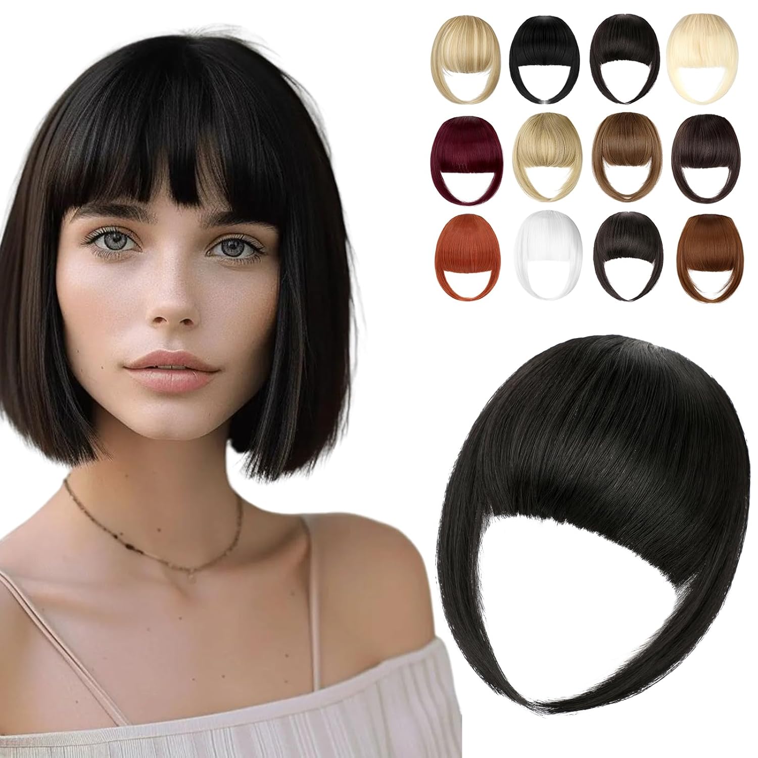 Clip in Bangs, Synthetic French Bangs Hair Clip, Fake Bangs Fringe with Temples Hairpieces for Women Natural Curved Hair Extensions for Daily Wear Natural Black