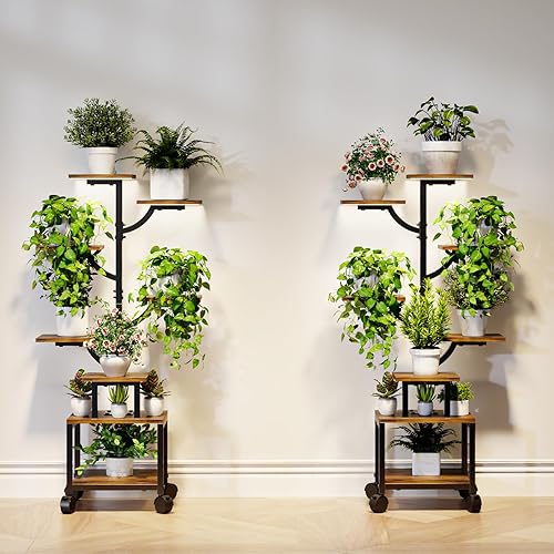 Miniatura 7 de Soporte para plantas de interior con luces de crecimiento, soporte para plantas de 7 niveles con ruedas, estante alto de metal y madera para plantas
