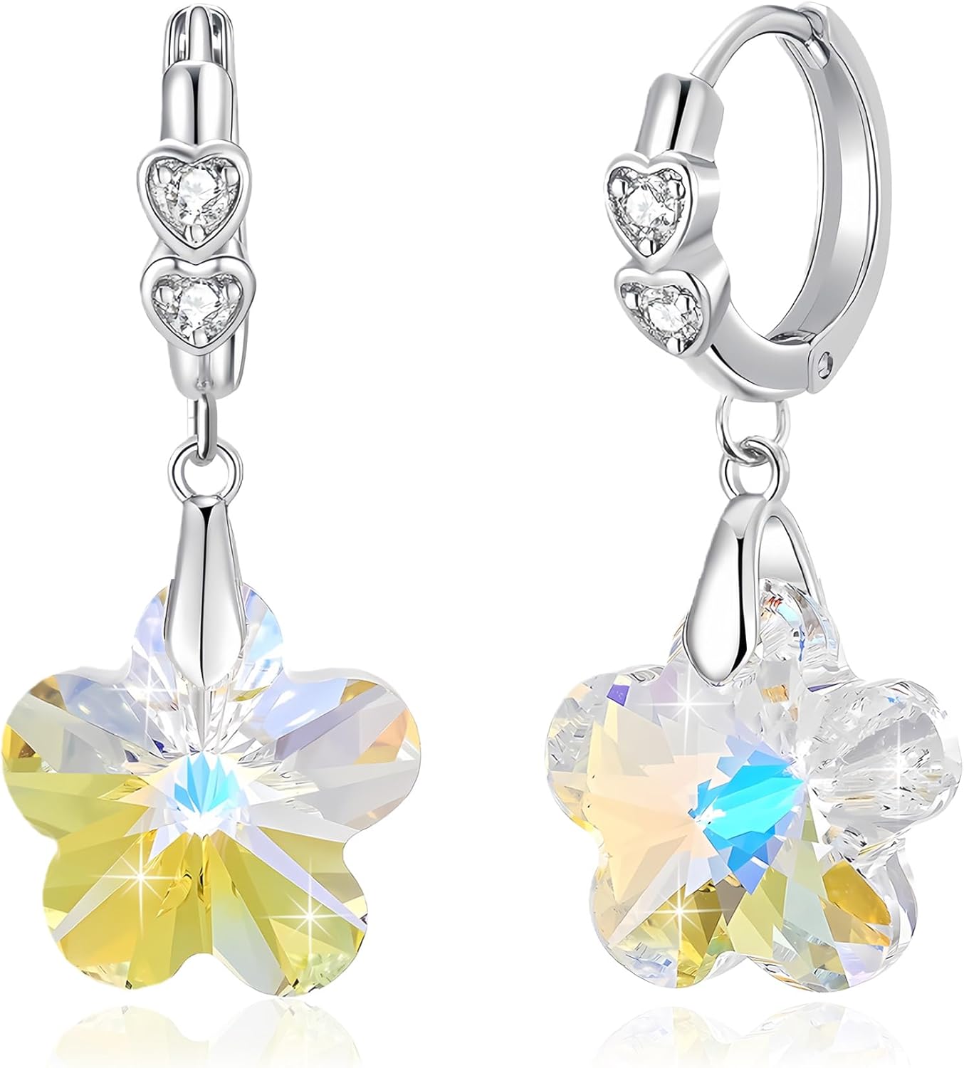 EVEVIC Trendy Austrian Crystal Flower Drop Leverback Earrings for Women 14k White Gold Plated Huggie Earring Hypoallergenic Jewelry Gift