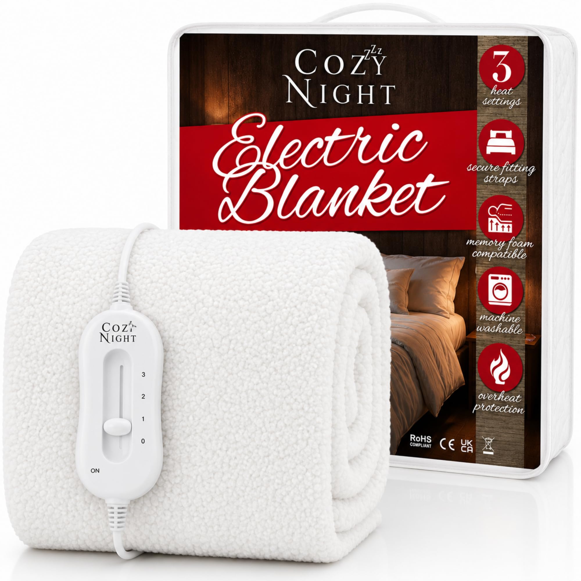 Cozy Night Single Fleece Electric Blanket - 192 x 90cm - 3 Heat Settings - Overheat Protection