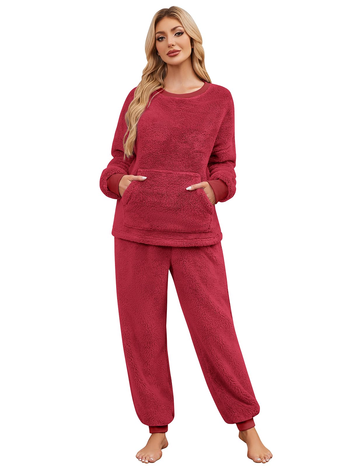 Niwicee Schlafanzug Damen Lang Winter Thermo Pyjama Set Fleece Hausanzug Kuschelig Warmer Flanell Pyjama Nachtwäsche Zweiteiler Flauschig Lounge Anzug mit Sweatshirt und Hose Polar PjS