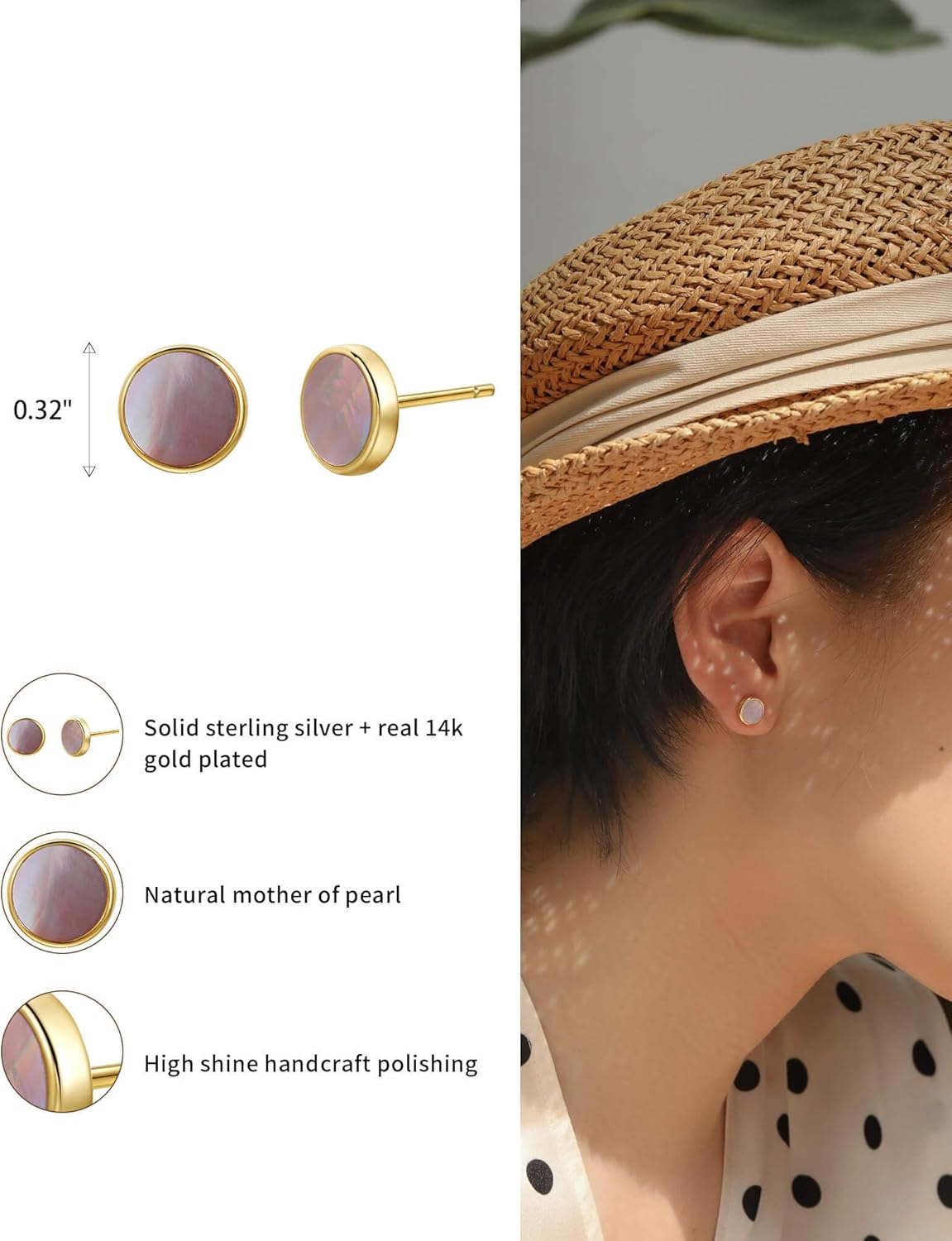 S.Leaf Gold Stud Earrings for Women 925 Sterling Silver Hypoallergenic Mother of Pearl Shell Stud Chain Earrings Friendship Jewelry Gifts for Women Her