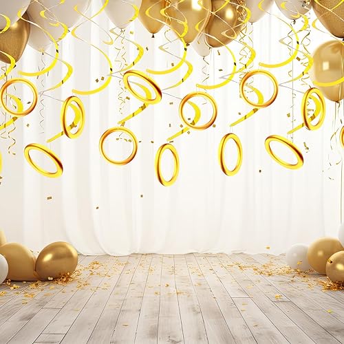 Miniatura 5 de 60 PCS Gold Ring Themed Party Hanging Swirls Sparkle Golden Ceiling Hanging Streamers Gold Ring Swirl Decorations for Birthday Graduation Wedding
