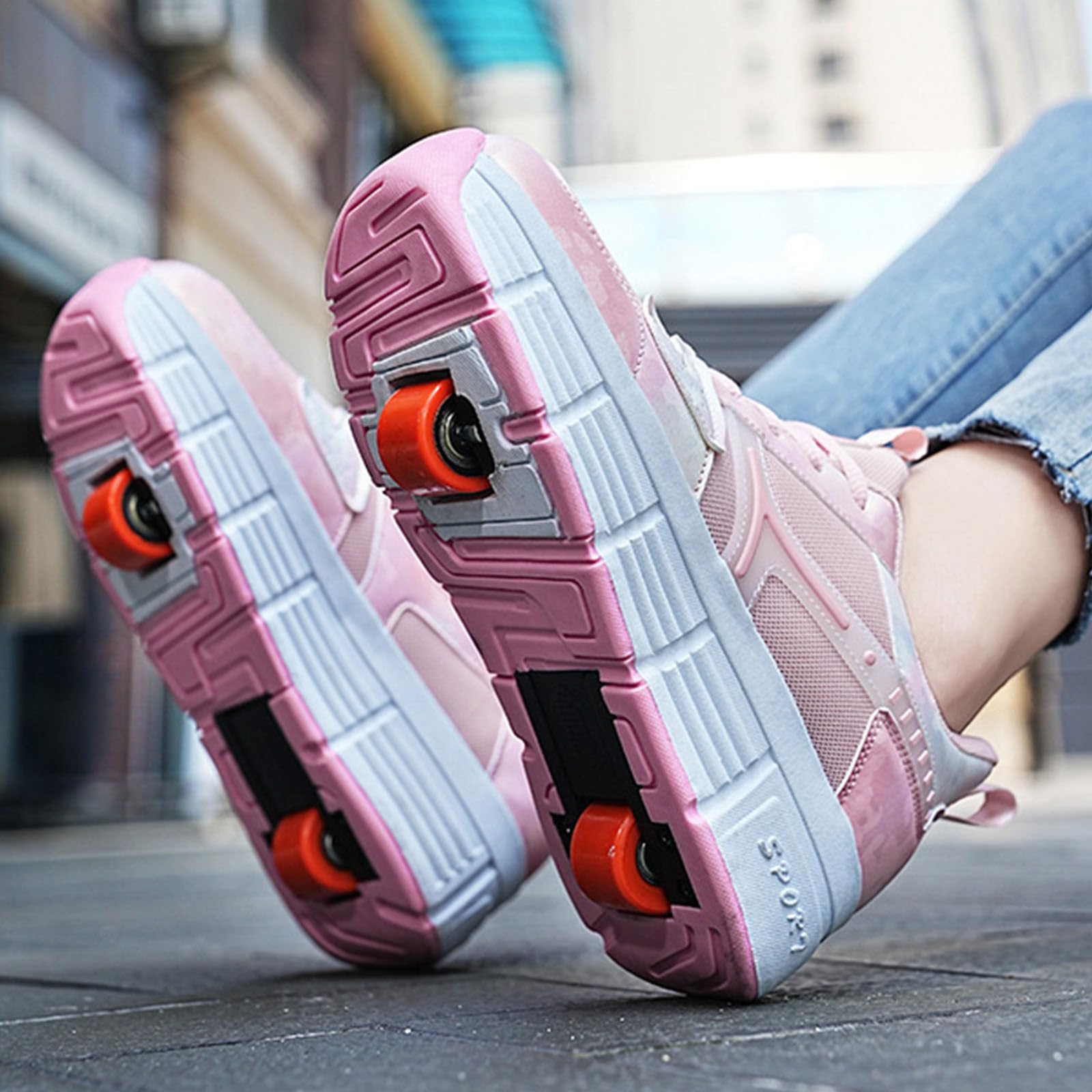 Surwin Chaussures roulettes Enfant, Chaussures de Skateboard à Lacets Fille Garçon avec Roues Arrière Rétractables, Basket à roulettes Sneakers Roller Respirant, 30 EU-41 EU