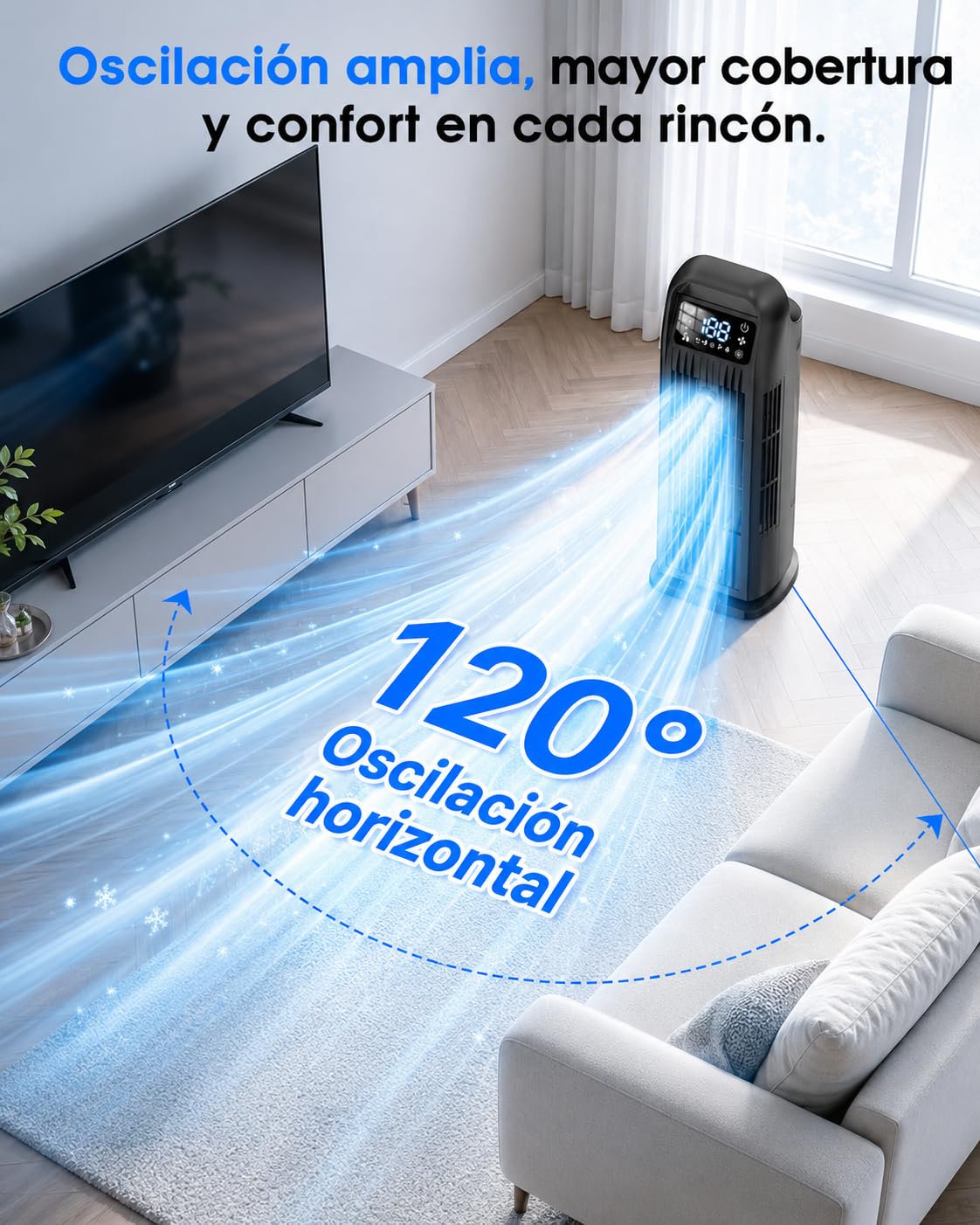 Aire Acondicionado Portátil sin Tubo, Climatizador Evaporativo 6 en 1 Bajo Consumo, Ventilador Torre Silencioso con Mando, Oscilación 120°, Depósito 1.2L, Temporizador 12H, Negro Medianoche