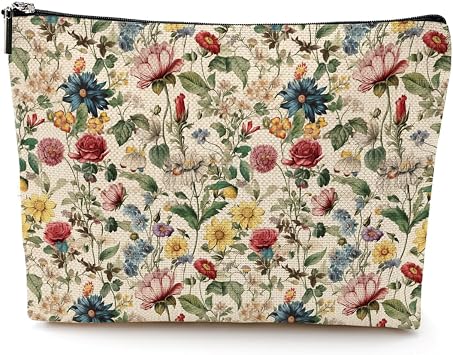 Vintage Floral Makeup Bag Colorful Wildflowers Lovers Gift Botanical Cosmetic Bag for Women Friends Mom Grandma Sister Girl Bestie Gardener Gardening Flowers Lover Friendship Birthday Christmas