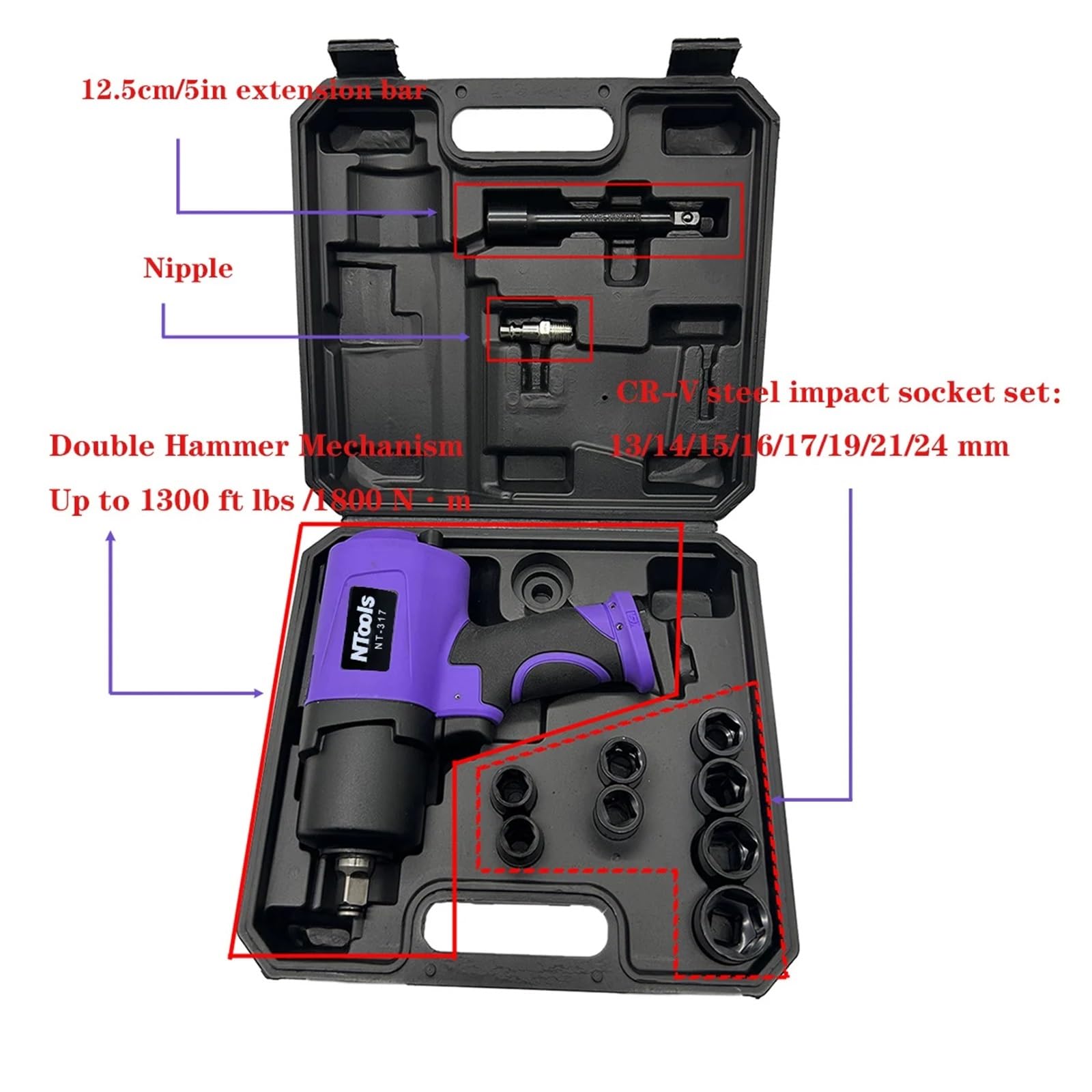 Chiave a percussione pneumatica composita da 1/2 pollice, doppio martello, coppia di allentamento massima 1300 piedi for libbra, 8000 giri/min, pistola a for impieghi gravosi