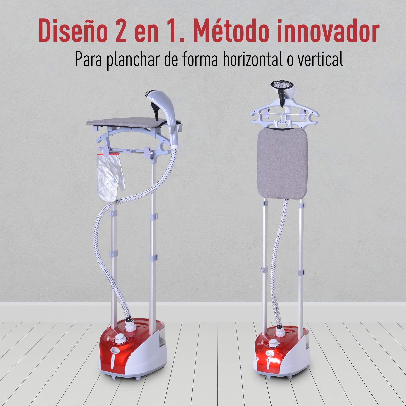 HOMCOM Plancha Vertical Vapor 1950W, Depósito de 2 L, 32g/min, Plancha de Vapor Vertical con Barra Telescópica, Listo en 38s,Colgador de Ropa, Centro de Planchado para Hogar Oficina, Rojo