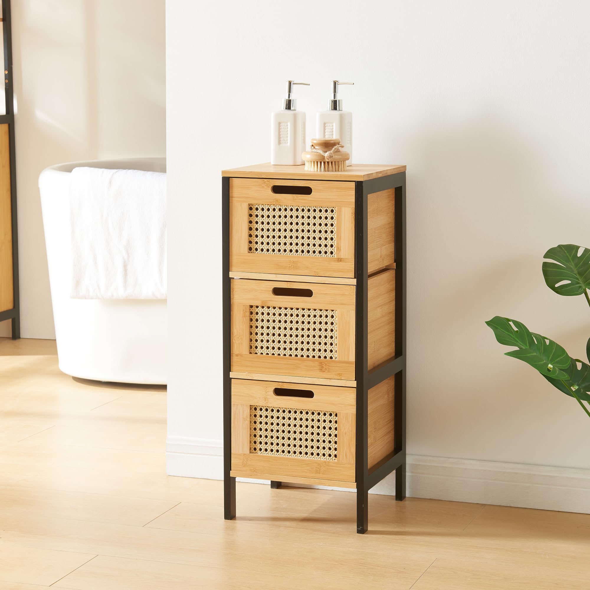 en.casa Tervola Badschrank – schmaler Schubladenschrank, 3 Schubladen, Schwarz/Bambus, 72 x 30 x 30 cm