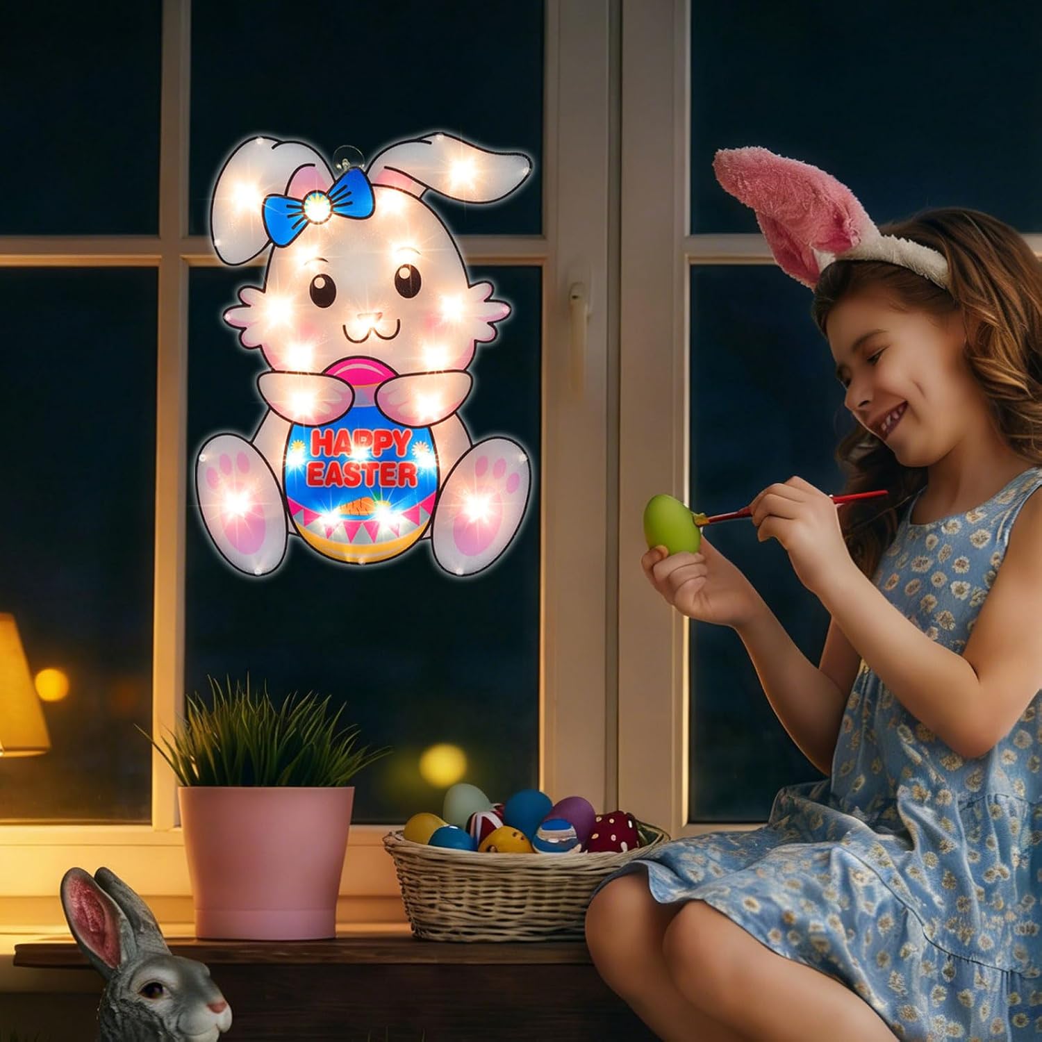 17" 20LED Lighted Bunny Easter Decor - UL Certified, Soft Warm Glow, Window & Hanging Accent, Compact Holiday Ornament, Pretty Gift Box Packed
