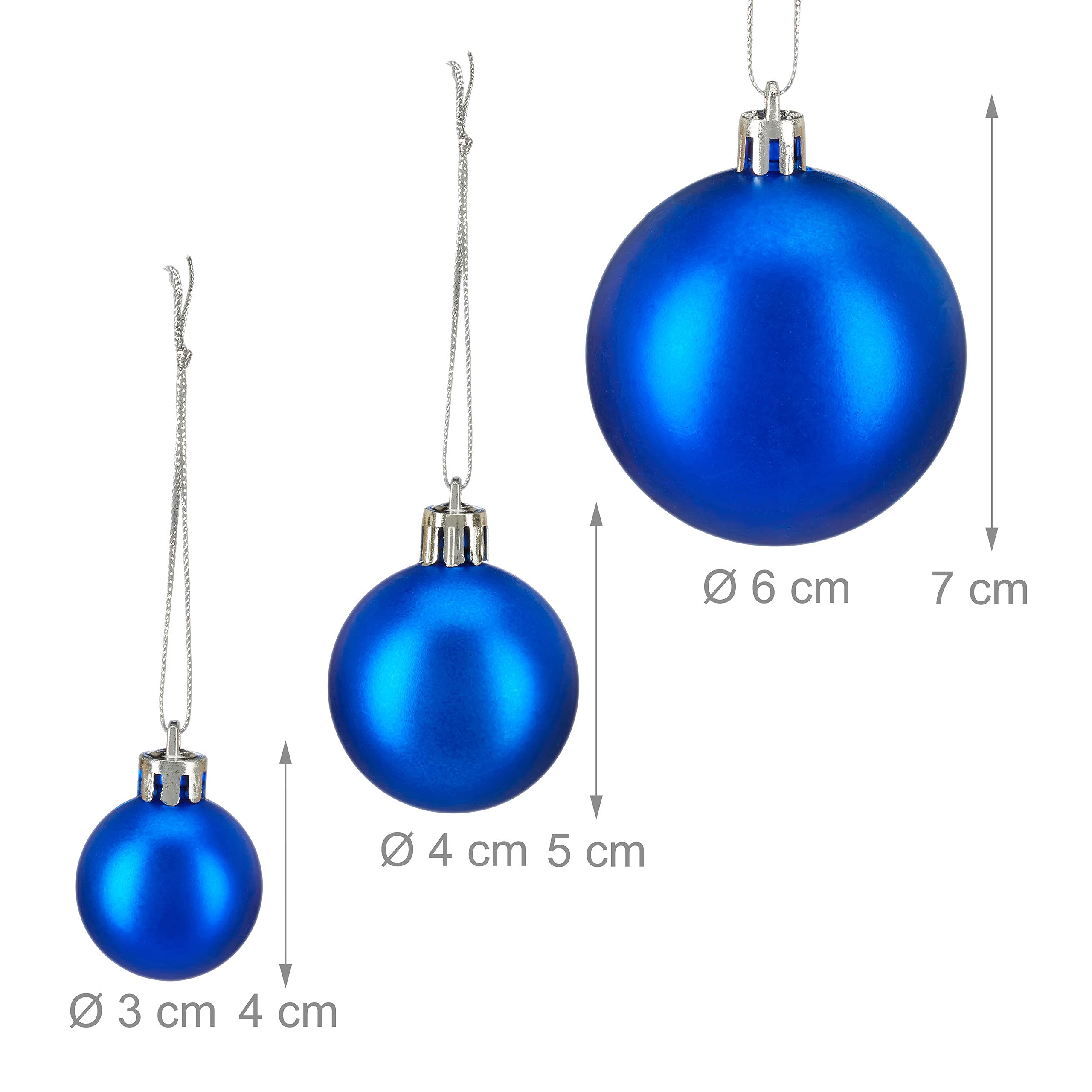 Relaxdays Bombki choinkowe, zestaw 100 sztuk, świąteczne ozdoby, matowe, błyszczące, brokatowe, bombki choinkowe ∅ 3, 4 i 6 cm, niebieskie, PS, 7 x 6 x 6 cm