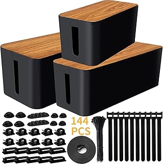 Cable Management Box 3 Pack with 141PCS Cable Management Kit for Power Strip to Hide Wires,Cord Organizer Boxes,Safe ABS Material Wire Organizer of Cable Clips Sleeve for Home & Office
