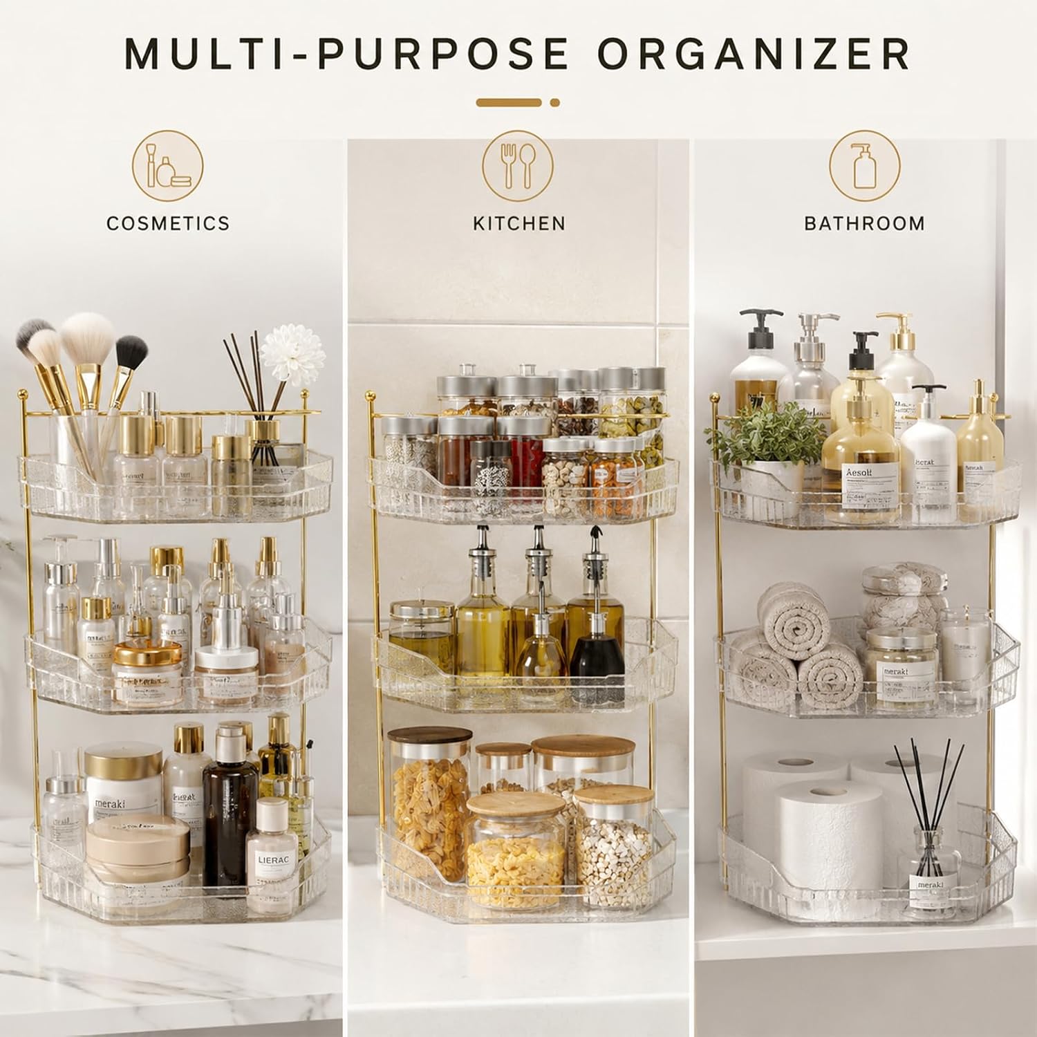 Corner Bathroom Counter Organizer, 3-Tier Makeup Organizer with Brush Holder, Clear Silver Vanity Storage for Skincare, Cosmetics, Perfume & Dresser Countertop
