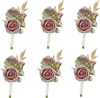 Meldel Dusty Rose Pink Boutonniere for Men Wedding, Set of 6, Groom Groomsman Boutonniere, Mens Boutonnieres for Wedding Prom Ceremony Anniversary Party Homecoming