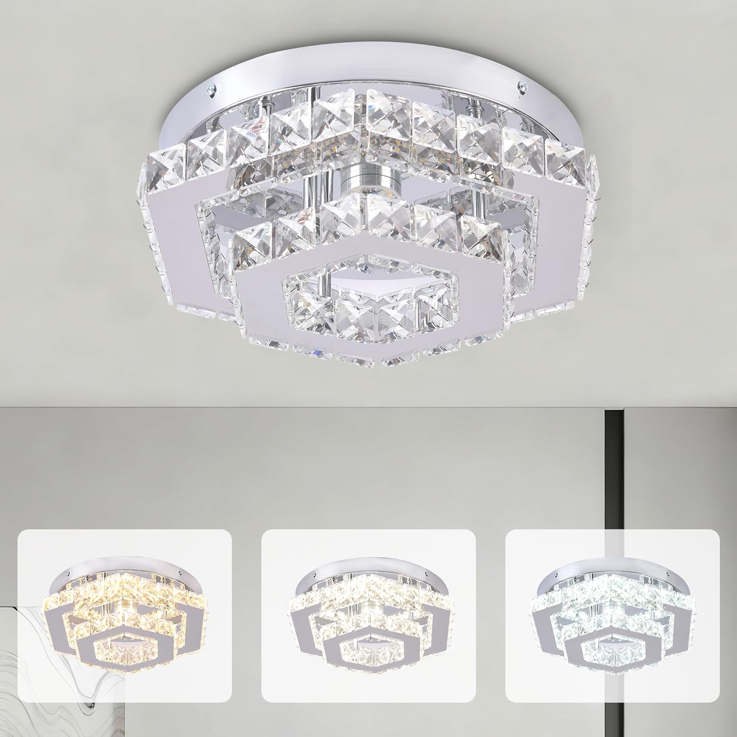 Modern Hexagon K9 Crystal LED Flush Mount Ceiling Light, 45W 3600LM 3-Color, Luxury 2-Layer Stainless Steel Chandelier for Bedroom Living Room Hallway Bathroom