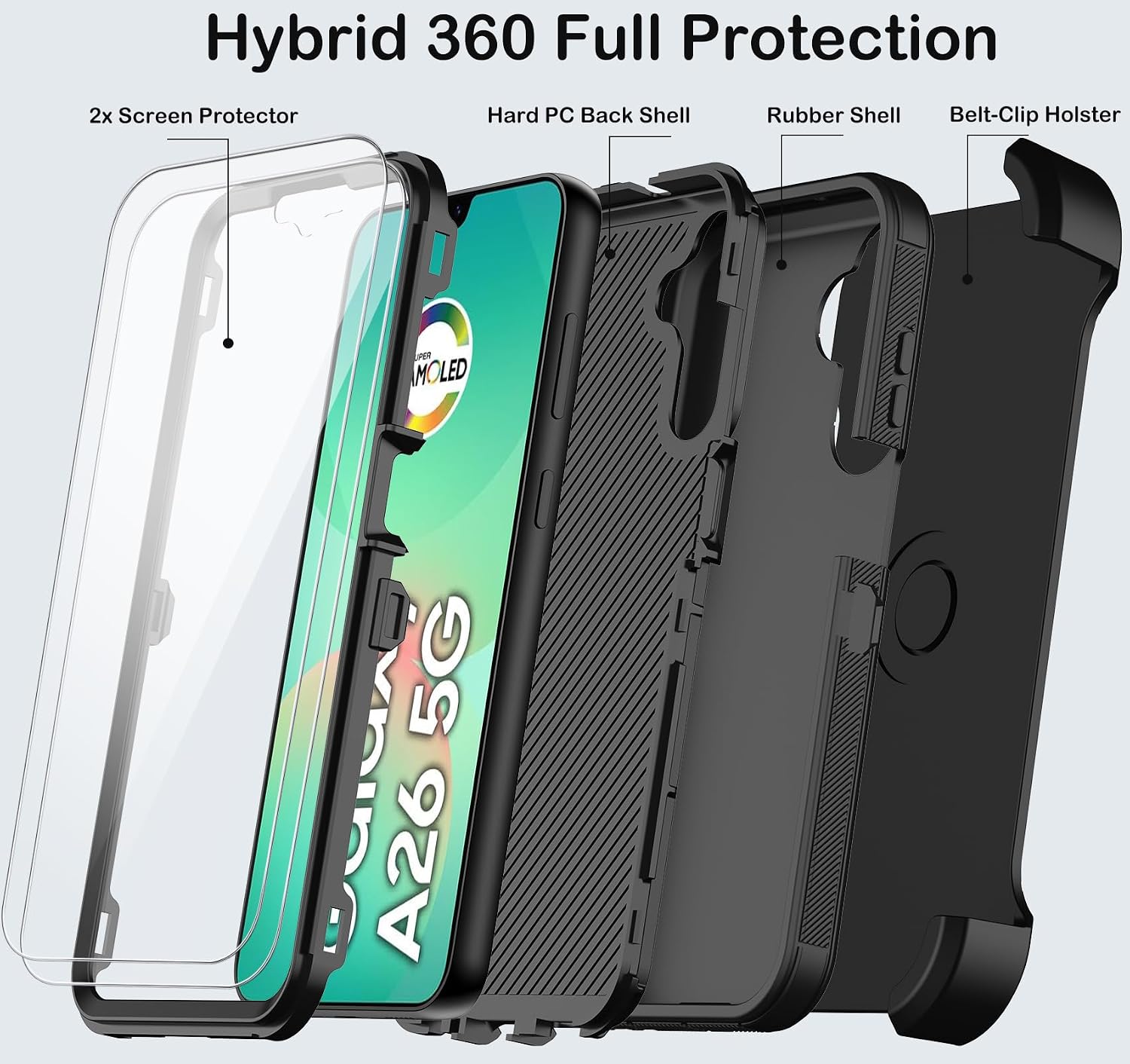KECAI for Samsung Galaxy A26 5G Case with Belt Clip Holster,2X Screen Protectors & Kickstand,Heavy Duty Shockproof Drop Protection Bumper Military Grade Full Body Rugged Durable Phone Cover (Black)
