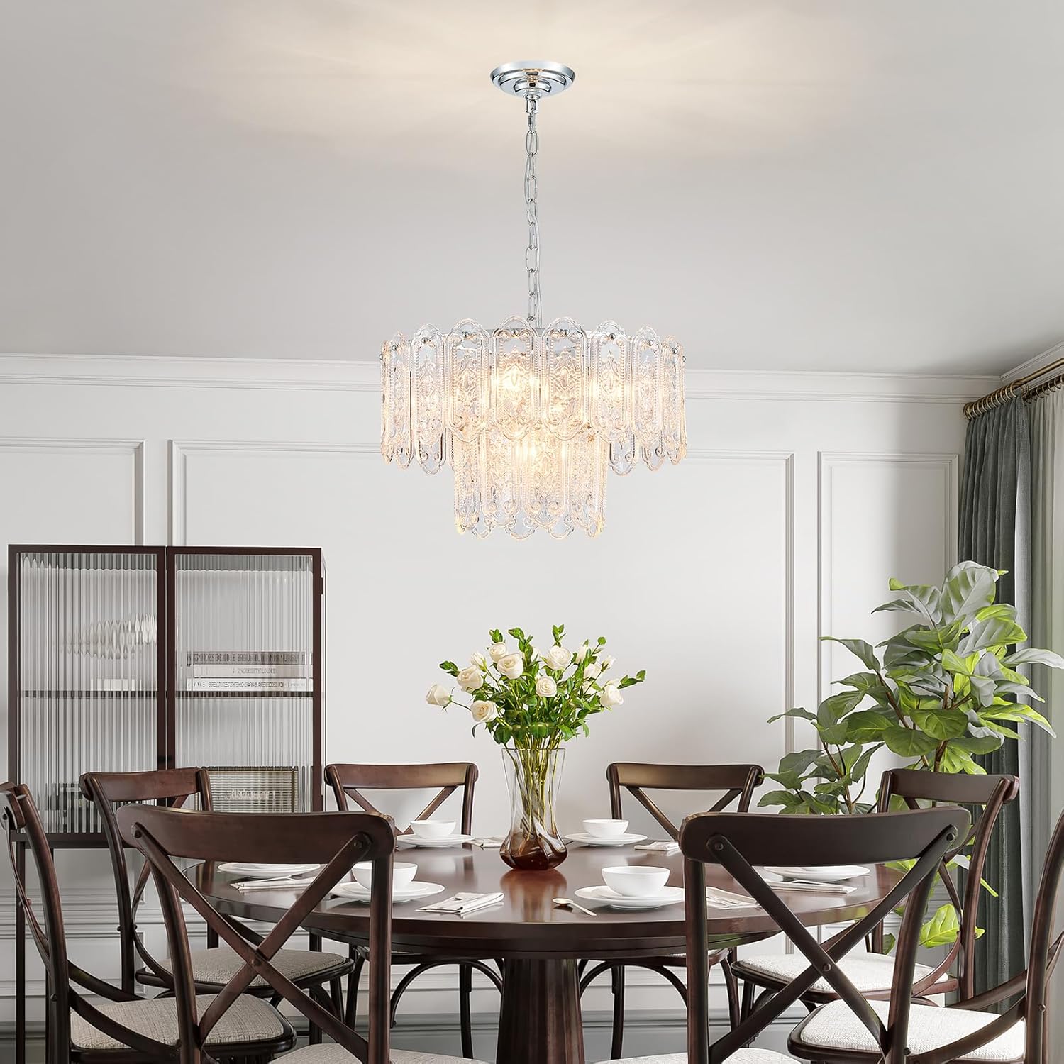 5-Lights Luxury Glass Chandeliers, Mid-Century Modern Chandeliers for Dining Room, D18.5'' × H18.9'', Adjustable Height (18.9"~51.2"), Chrome Finish Frame & Double Figured Glass Shade
