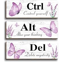 HIWERAN 3 Pcs Purple Butterfly Floral Wooden Wall Decor, Ctrl Alt Del Sign, Inspirational Wall Decor for Office Bathroom Home, Works of Art Made of Wood, Works of Art of Wood, Placards of Woods