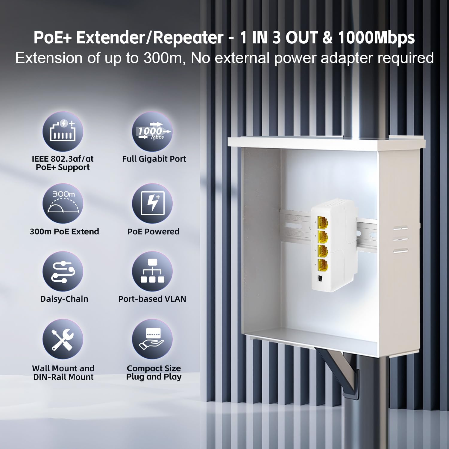 4 Port Gigabit PoE Extender, 1 in 3 Out PoE+ Switch, 10/100/1000Mbps, IEEE 802.3 af/at 30W, Wall and Din Rail Mount YuLinca POE Passthrough Switch