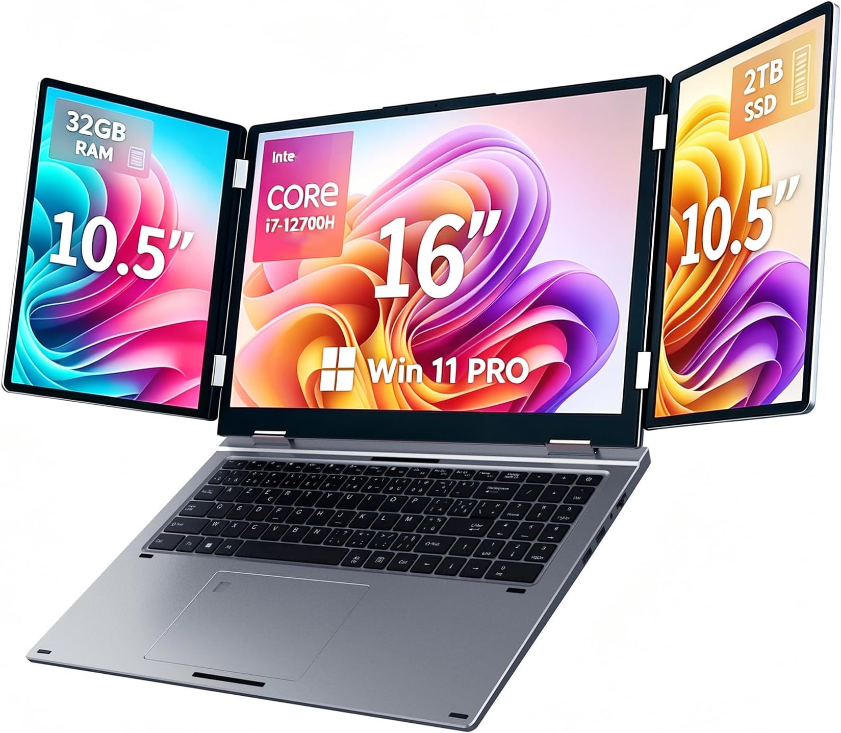 Triple Screen Laptop, 16" Main + Dual 10.5" Monitors, Core i7-12700H, 32GB RAM, 2TB SSD, Win 11 Pro, Wi-Fi 5, BT 5.0, Face & Fingerprint Unlock, USB-C, HDMI