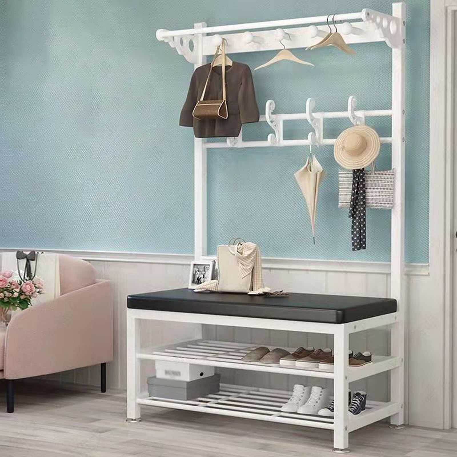 MYUYEE Large Coat Rack With Shoe Rack, Clothes Rack With Metal Frame And Hooks, Coat Rack With Double Hooks And Bench, For Cloakrooms, Bedrooms, Hallways B, 100 * 33 * 172Cm(D-100 * 33 * 172Cm)