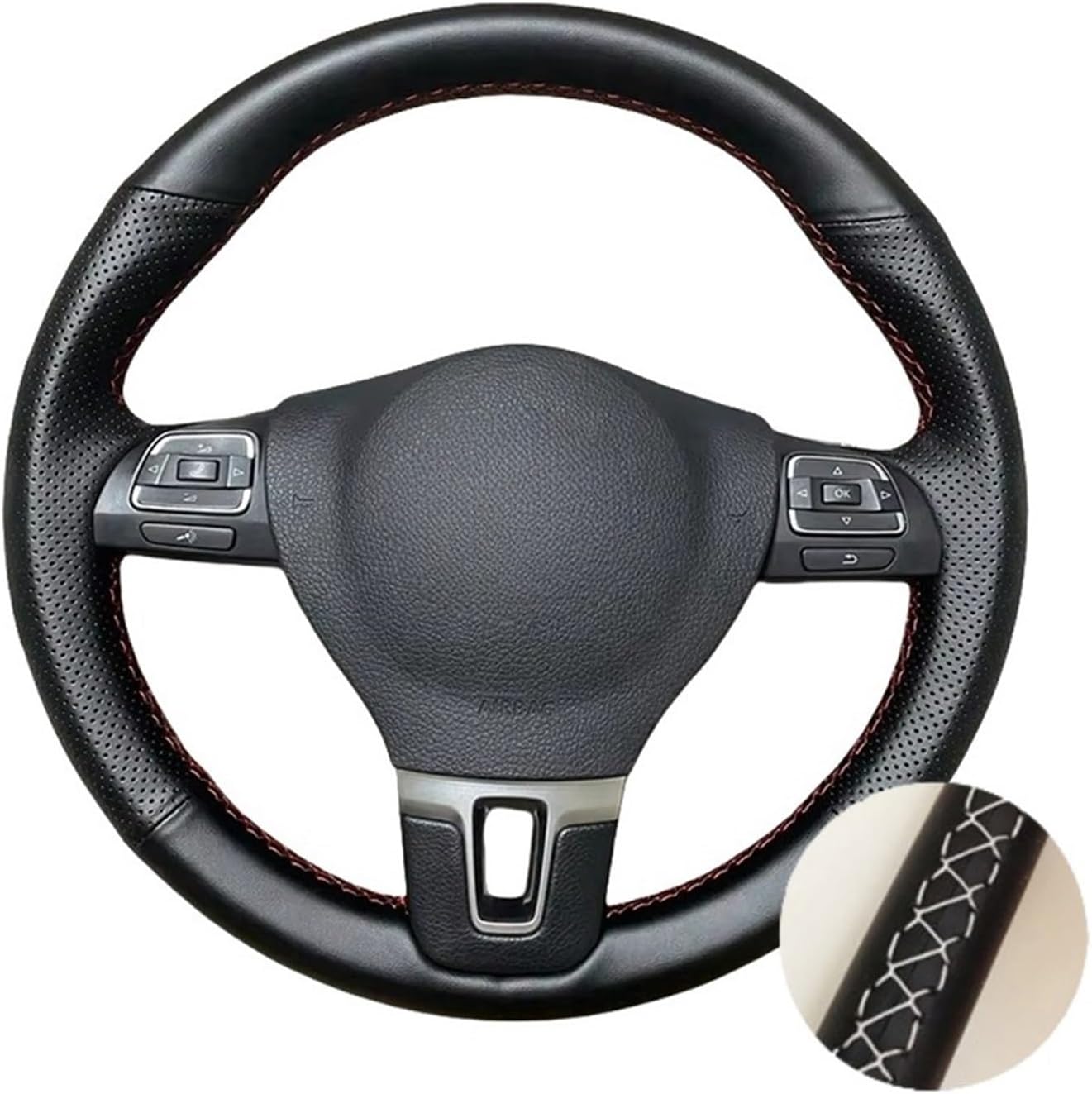 Perforated Leather Hand Sewing Car Steering Wheel Cover Trim Black for Fit for VW Golf 2009 Fit for Passat B5 Polo for Seat Leon 1999-2015(Gray Thread)