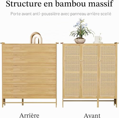 unho Bamboo Shoe Storage Cabinet: Wooden Shoes Rack Organiser with 3 Rattan Doors for Hallway Entryway 5 Tier - 9