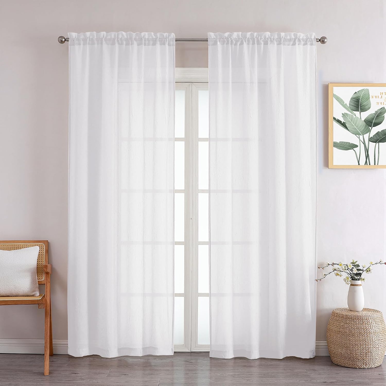 Chyhomenyc Crushed Sheer White Curtains 84 Inch Length 2 Panels