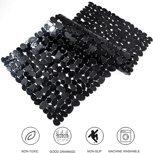 Miniatura 5 de Tapete de baño antideslizante para bañera y ducha, 35 x 16 pulgadas, lavable a máquina, con orificios de drenaje, ventosas para baño (negro)