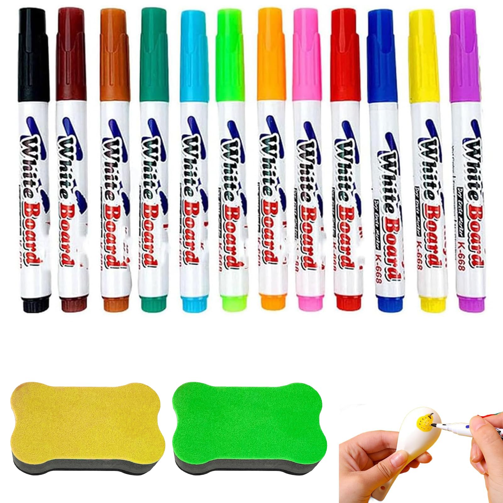 12 Pieces Whiteboard Markers, with 2 Whiteboard Erasers, Low Odor Whiteboard Marker, Dry Chalkboard Marker Assorted Colours for School, Home, Office and Creativity