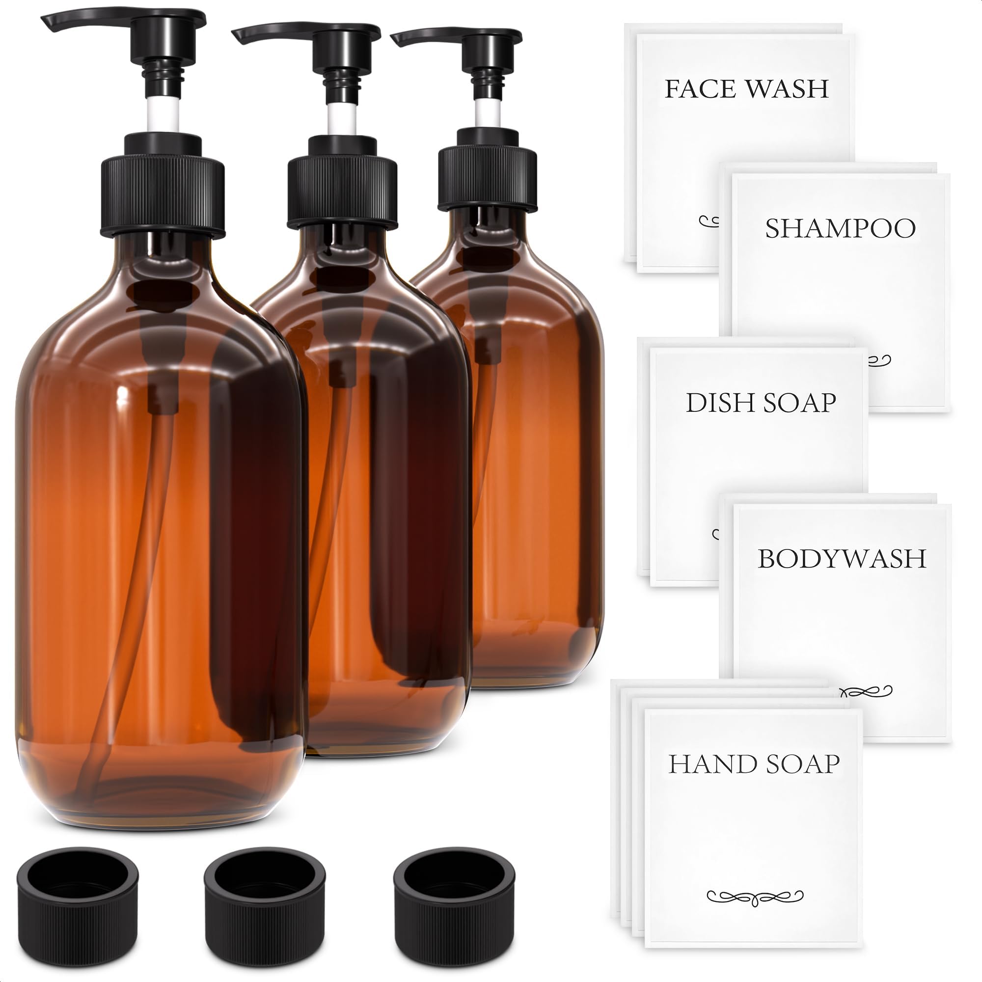Plastic Amber Soap Dispenser with Pump Set of 3 – 16 oz Refillable Shampoo and Conditioner Bottles – Durable & Reusable for Hand Soap, Dish Soap, Lotion, Gel, Body Wash in Kitchen, Bathroom, Shower