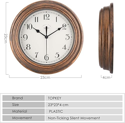 Miniatura 5 de Topkey Reloj De Pared Silencioso Cocina 9 Pulgadas Retro Sin Ticking Decorativo Dormitorio Oficina Reloj De Pared - Oro
