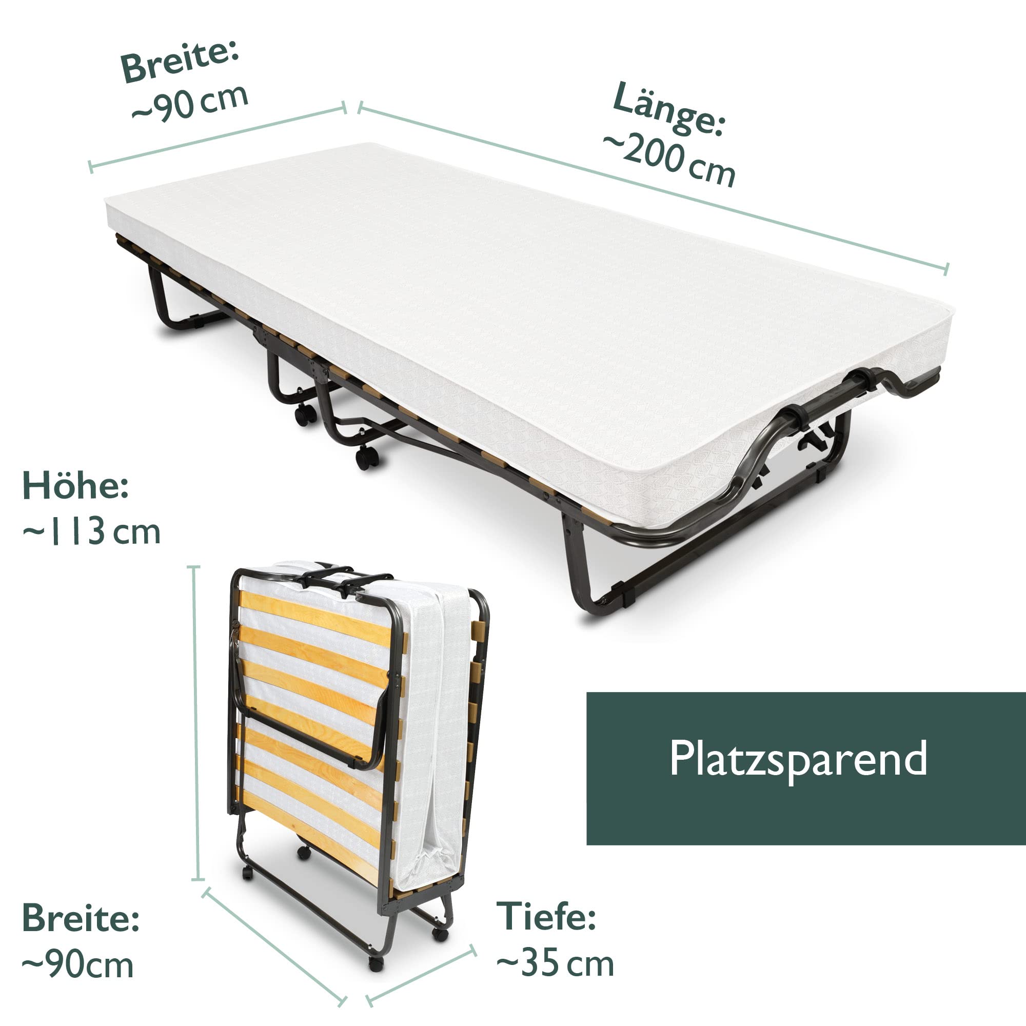 Beautissu Gästebett klappbar 90x200 cm – langlebiges & faltbares Reisebett inkl Schutzhülle & 10,5 cm Dicker Schaumstoff Matratze - Klappbett ohne Aufbau - Stabiler Stahlrahmen & 4 Laufrollen Venetia