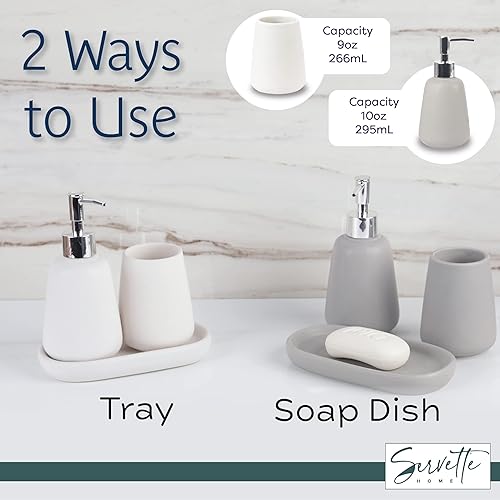 Miniatura 4 de Accesorios de baño - Juego de taza dispensadora de jabón de cerámica gris y jabonera con bandeja