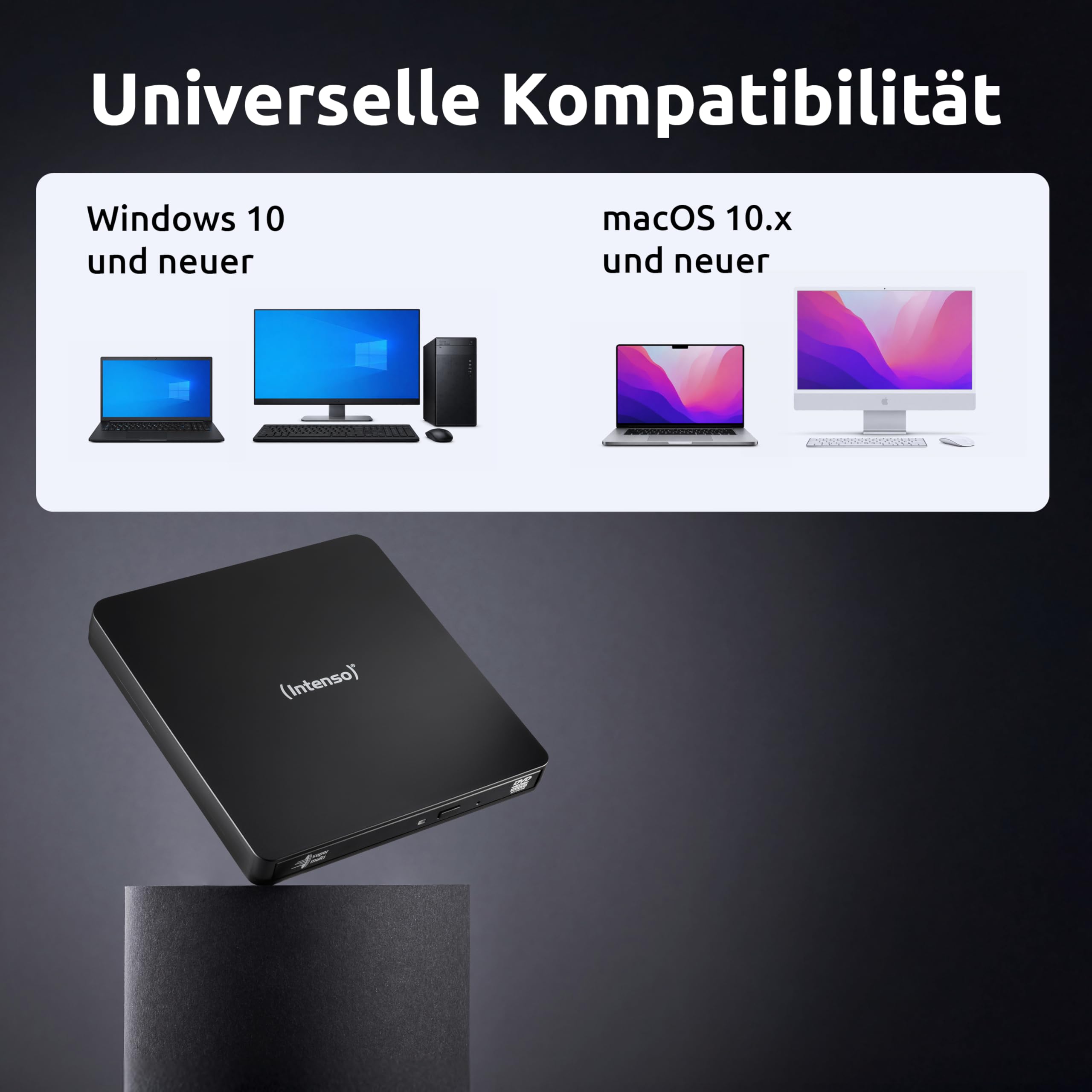 Intenso externes CD/DVD Laufwerk/externer Brenner EOD 400D Slim, USB 3.2, für Laptop, Desktop PC, iMac, MacBook, Windows, MacOS, inkl. kostenloser Brenn-Software Ashampoo Burning Studio, Schwarz