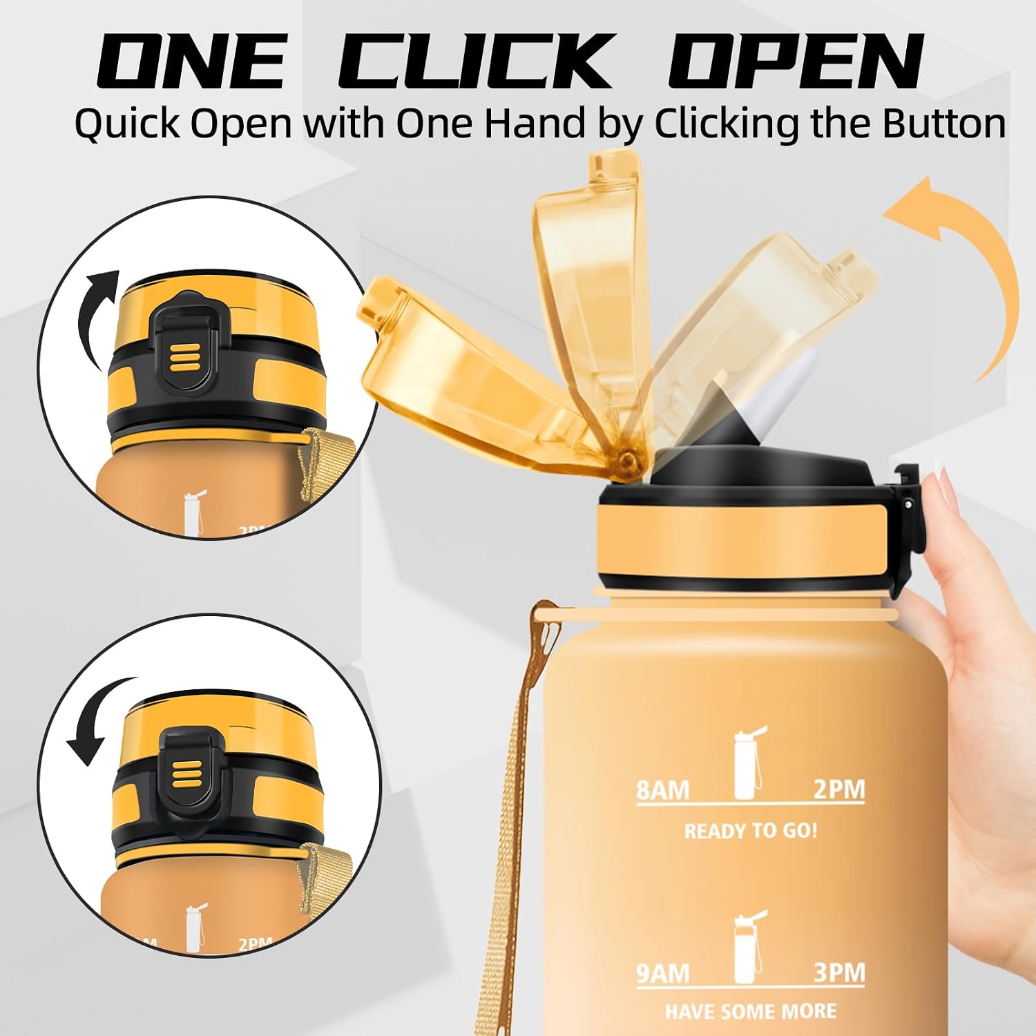 Grsta Drinking Bottle, 1.5 Litres, Water Bottle with Straw, Easy to Clean, Leak-Proof Drinking Bottle, with Motivational Slogans, Water Bottle with Time Marking, for Hiking, Yoga, Camping