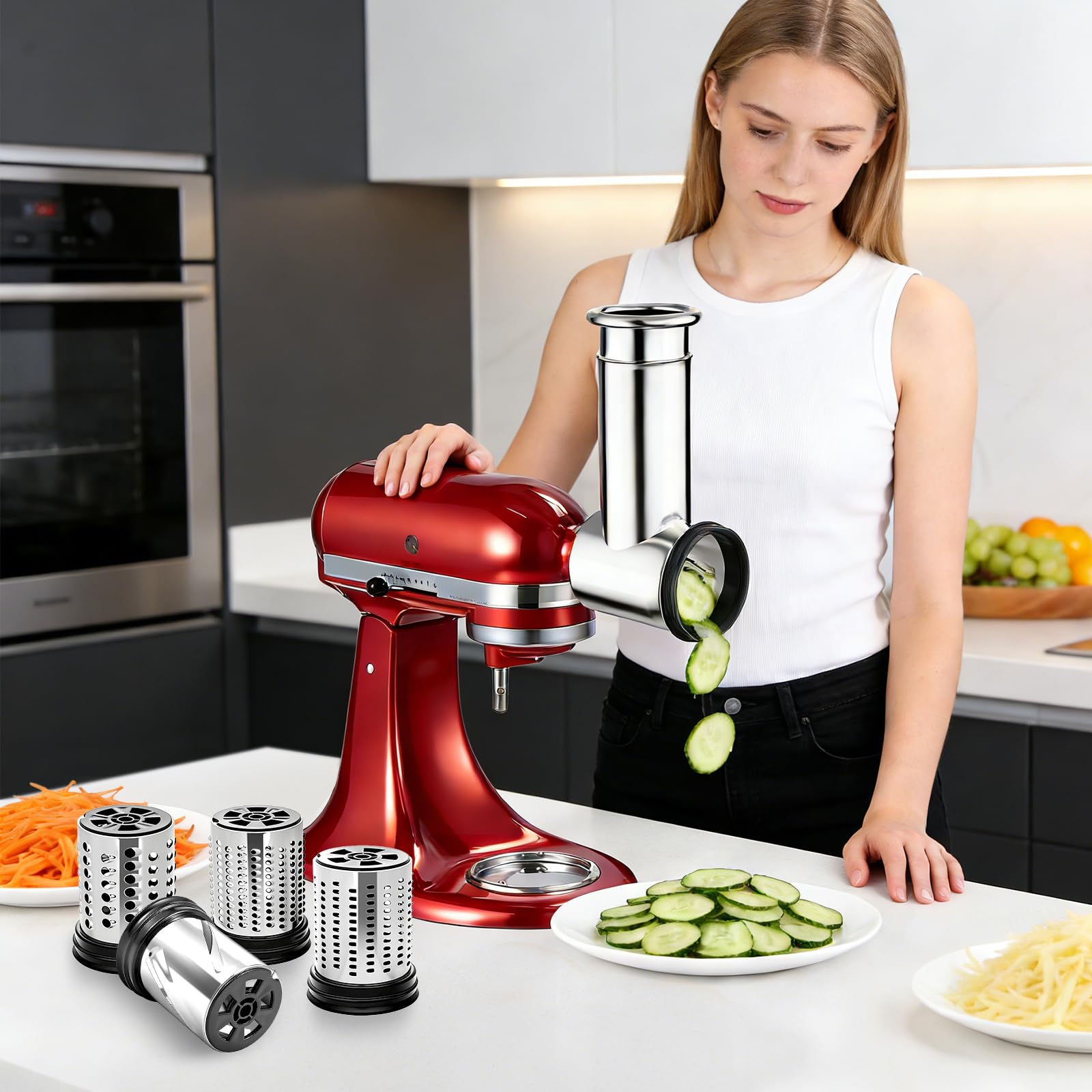 Slicer Shredder Aufsatz für Kitchenaid Standmixer | Edelstahl, Gemüseschredder, Käsereibe, Salatmacher, Chopper Mahlpulver Zubehör für Küchenhelfer