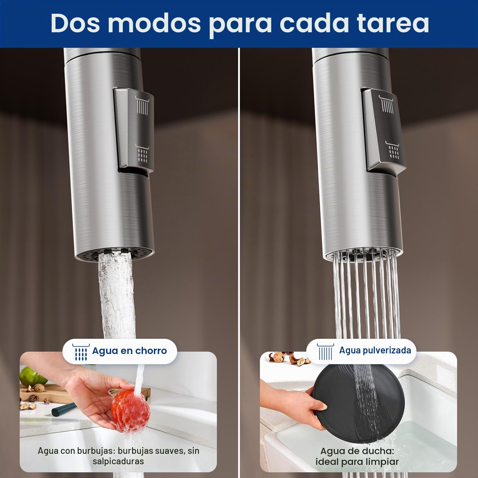 CECIPA - Grifo de cocina, caliente y frío de acero inoxidable, mezclador de cocina, ducha, 2 modos, pulverizador escamotable, cepillado | Grifo de cocina fregadero Giratorio a 360° Torneira Cozinha Monomando cepillado
