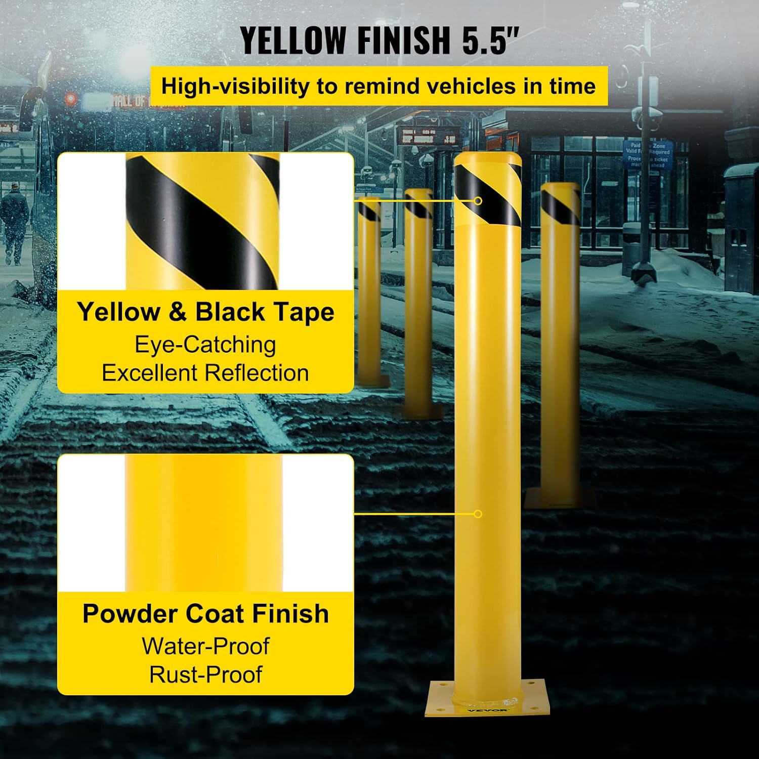 BestEquip 42-5.5 Safety Bollard, 5-1/2" OD Safety Barrier Bollard, 42" Height Yellow Powder Coat Pipe Steel Safety Barrier, with 4 Free Anchor Bolts, for Traffic-Sensitive Area
