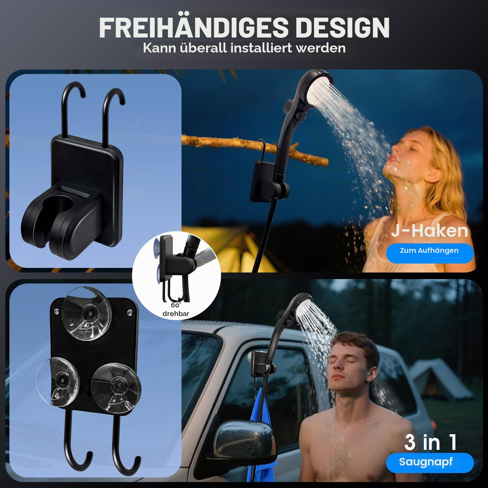 Tragbare Dusche mit Heizung, tragbare Dusche für Camping mit 2000 W Auto-Off-Heizung, 4 Sprühmodi, hält 140 Minuten, LED-Display, tragbare Duschpumpe, Outdoor-Dusche für Camping, Wandern, Reisen, Auto